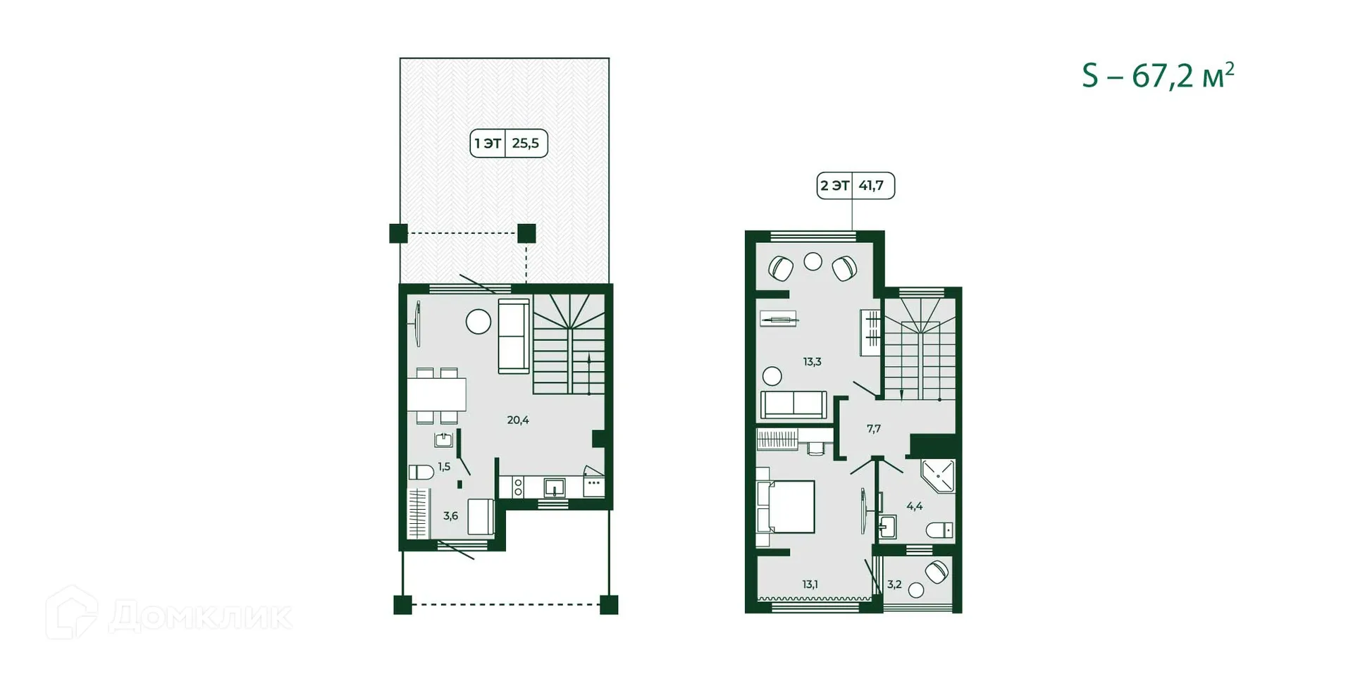 Планировка 2-комнатной квартиры 67.2 м² в ЖК Загородный квартал ЛЕСОЧИ, г. Сочи — фото 3