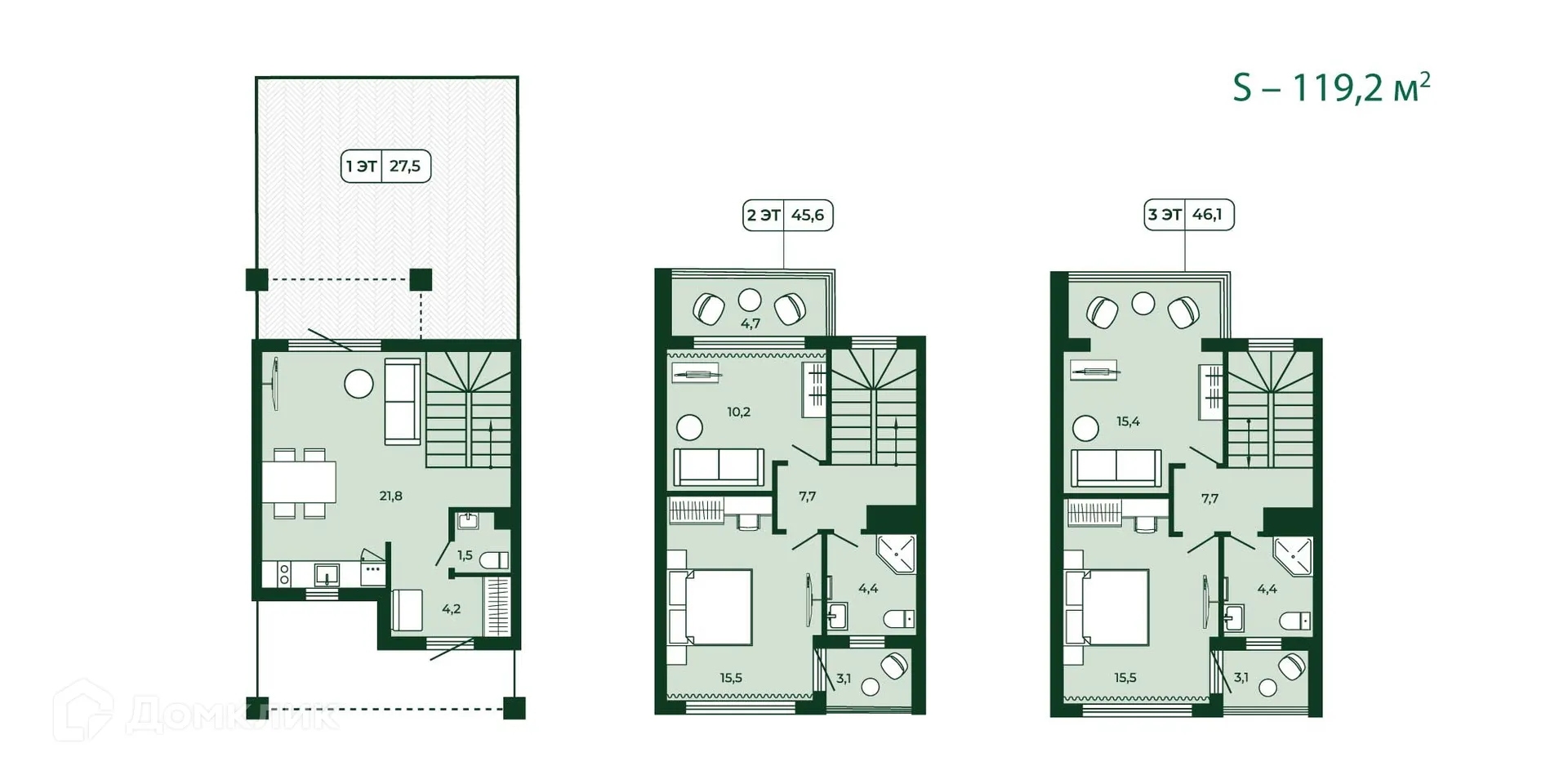 Планировка 3-комнатной квартиры 119.2 м² в ЖК Загородный квартал ЛЕСОЧИ, г. Сочи — фото 3