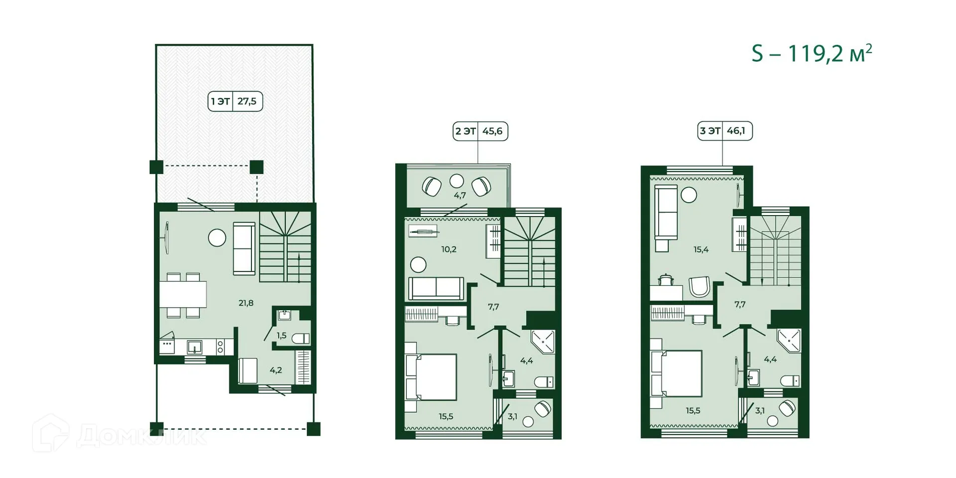 Планировка 3-комнатной квартиры 119.2 м² в ЖК Загородный квартал ЛЕСОЧИ, г. Сочи — фото 9