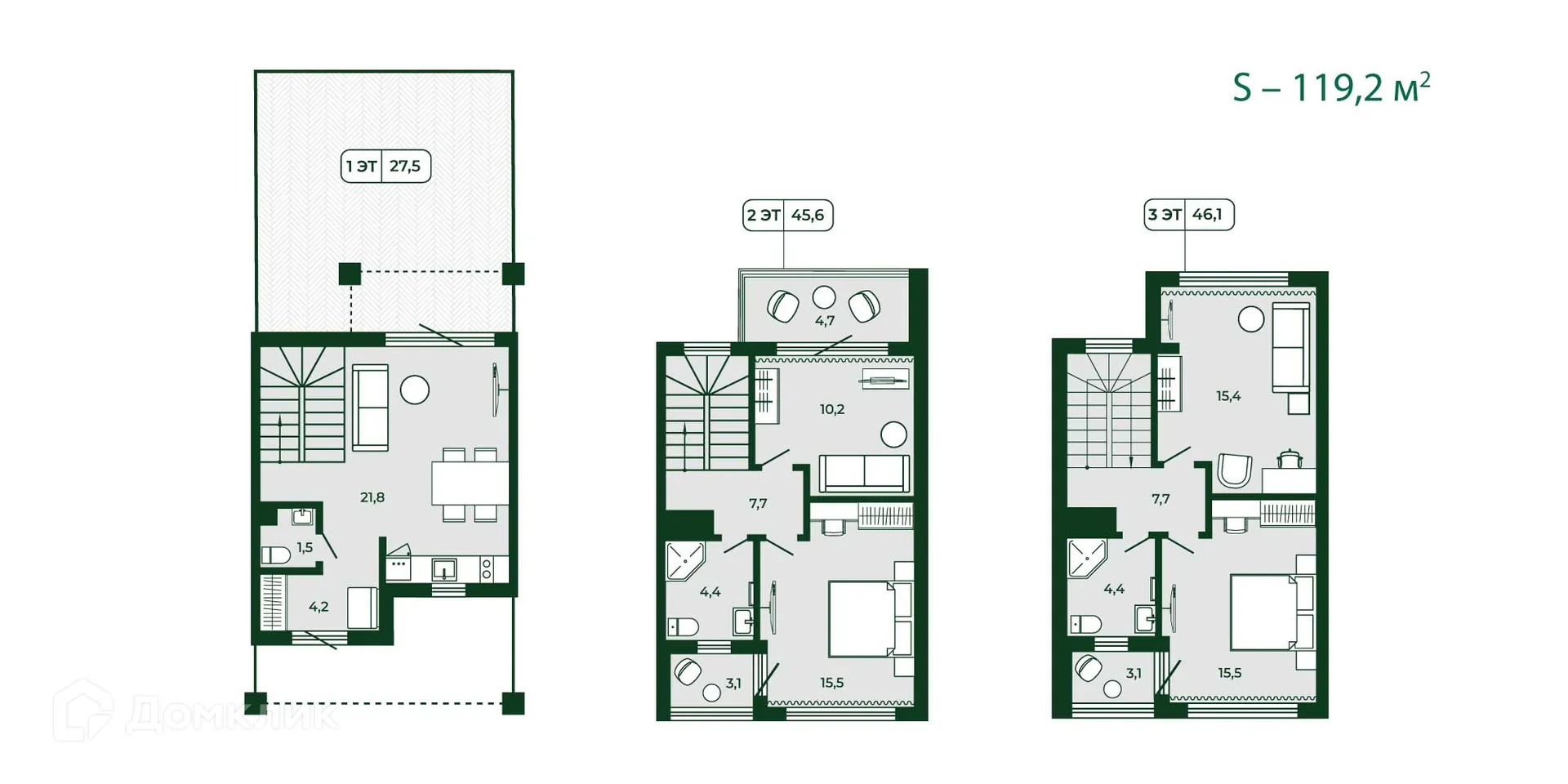 Планировка 3-комнатной квартиры 118.1 м² в ЖК Загородный квартал ЛЕСОЧИ, г. Сочи — фото 3