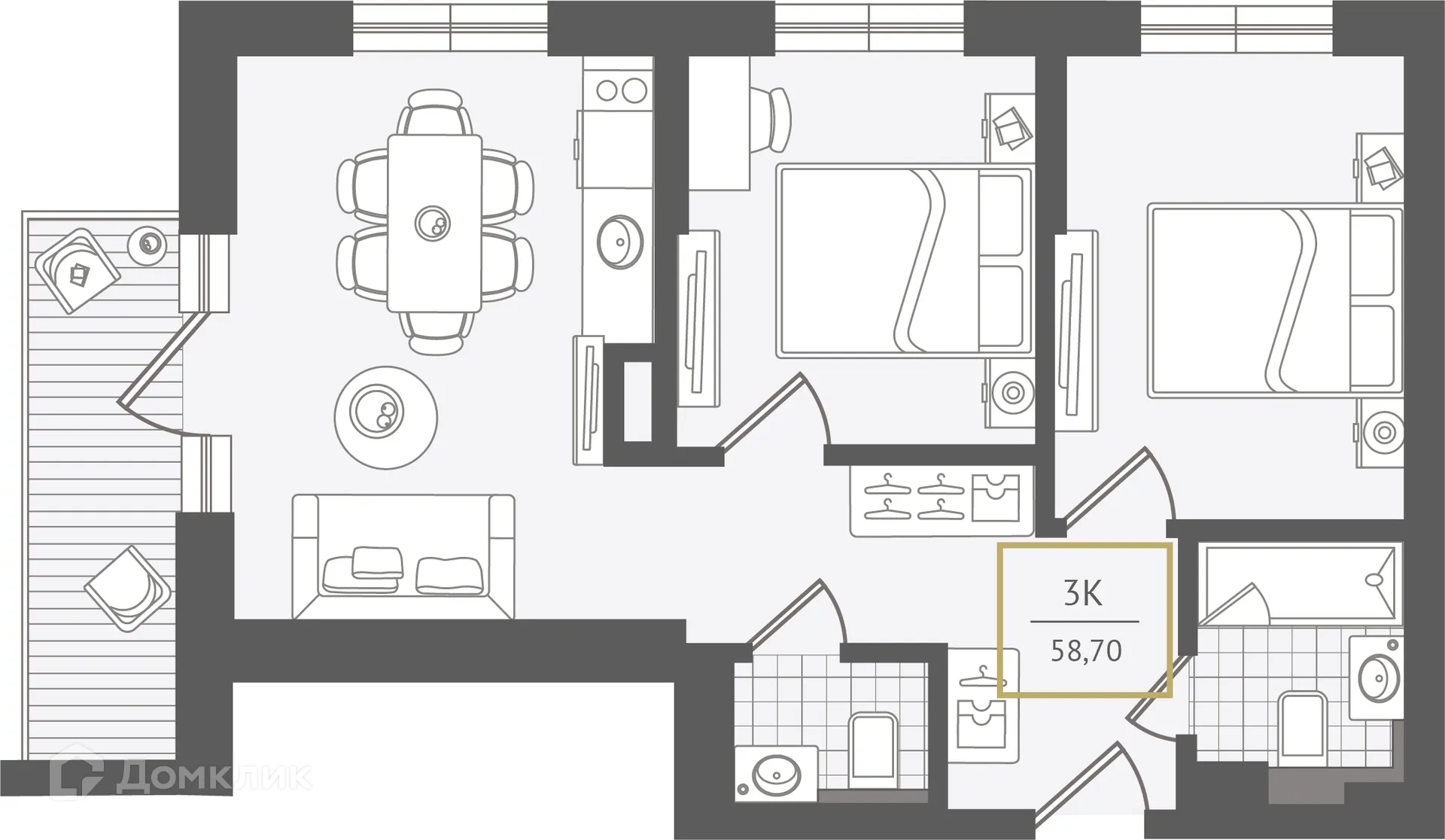 Планировка 3-комнатной квартиры 59.4 м² в ЖК Гостиничный комплекс "Нескучный сад", г. Сочи — фото 1