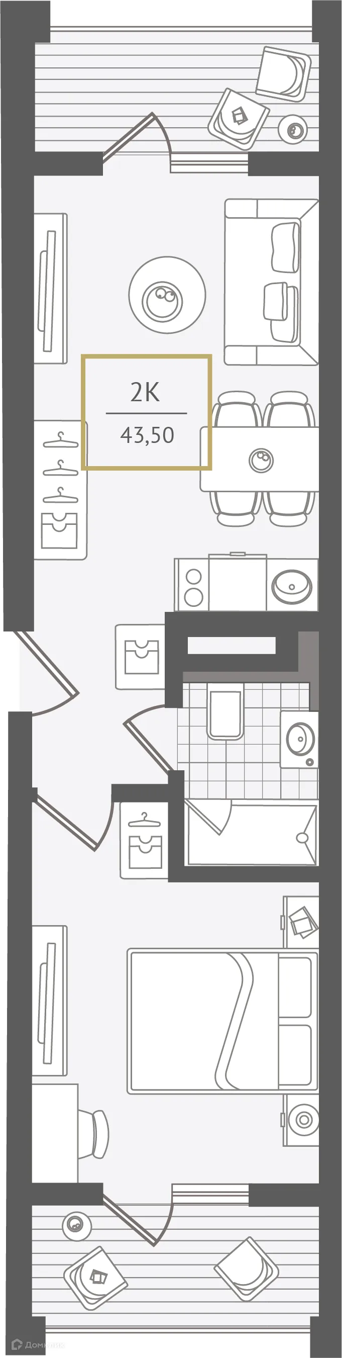 Планировка 2-комнатной квартиры 44.1 м² в ЖК Гостиничный комплекс "Нескучный сад", г. Сочи — фото 1