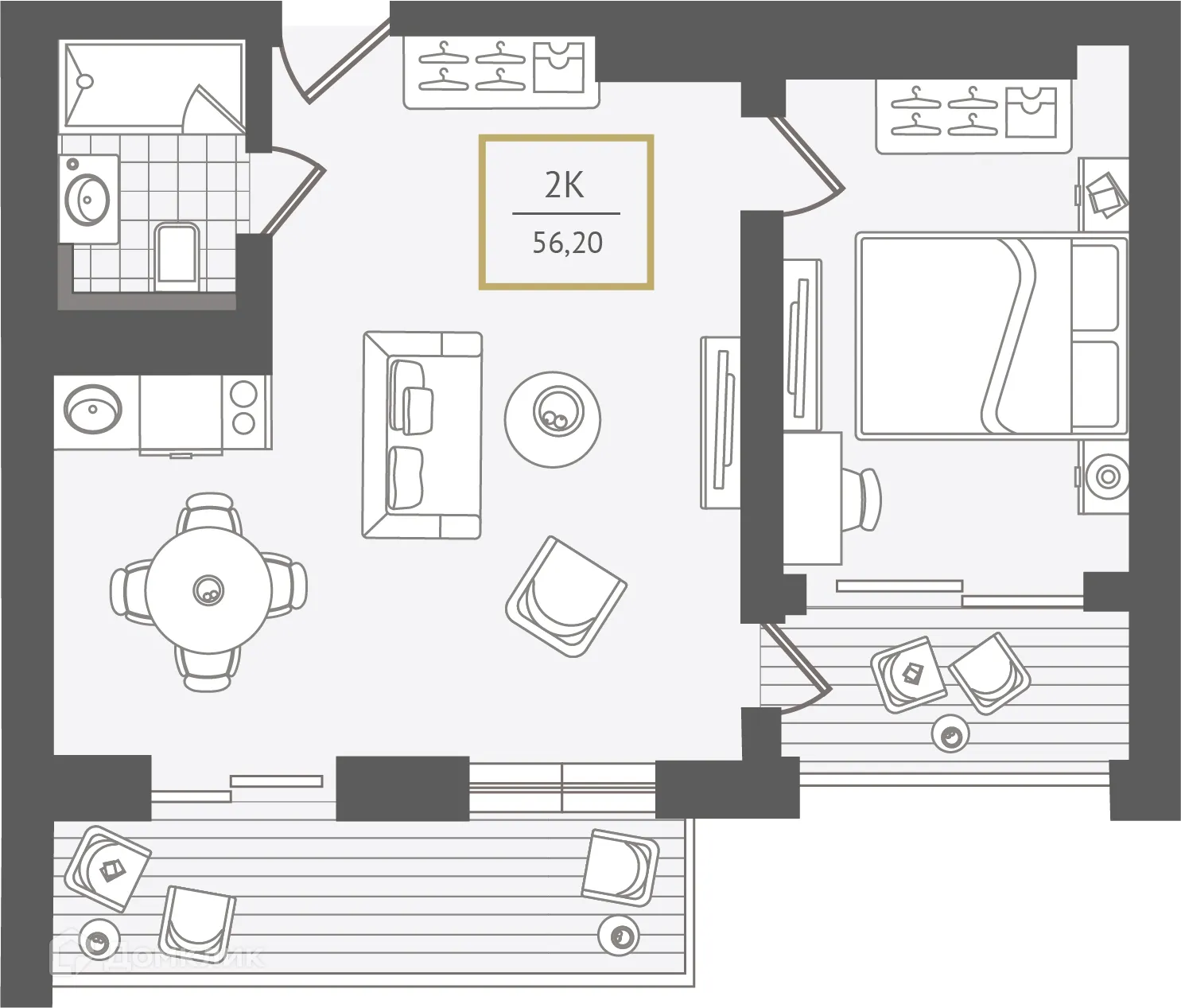 Планировка 2-комнатной квартиры 56.9 м² в ЖК Гостиничный комплекс "Нескучный сад", г. Сочи — фото 1