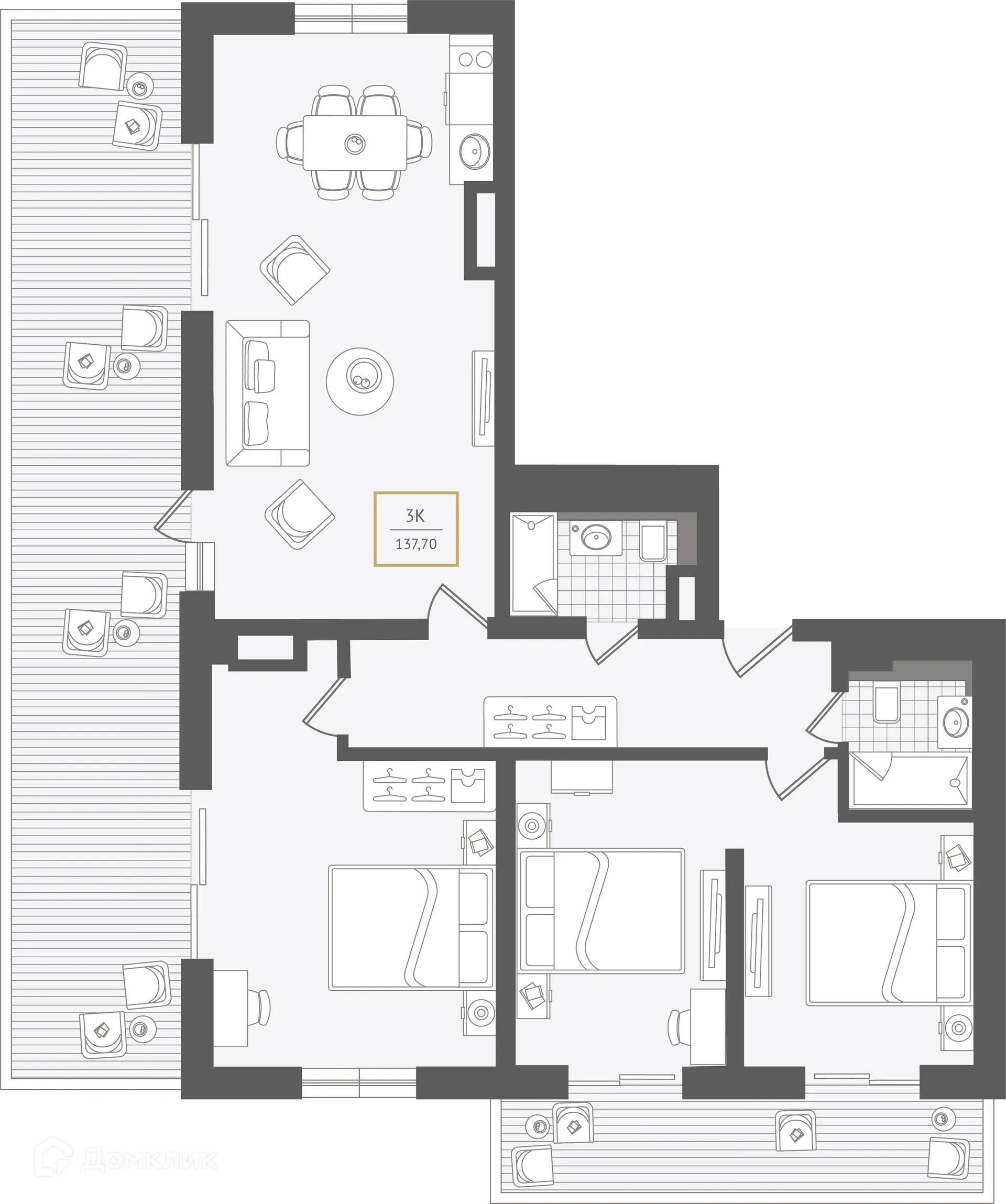Планировка 3-комнатной квартиры 137.9 м² в ЖК Гостиничный комплекс "Нескучный сад", г. Сочи — фото 1