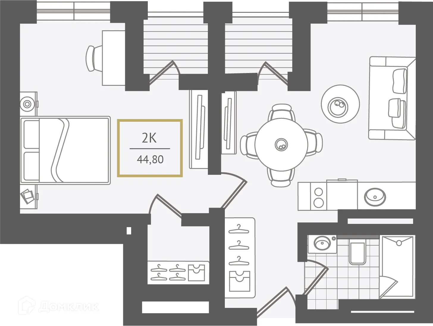 Планировка 2-комнатной квартиры 45.2 м² в ЖК Гостиничный комплекс "Нескучный сад", г. Сочи — фото 1