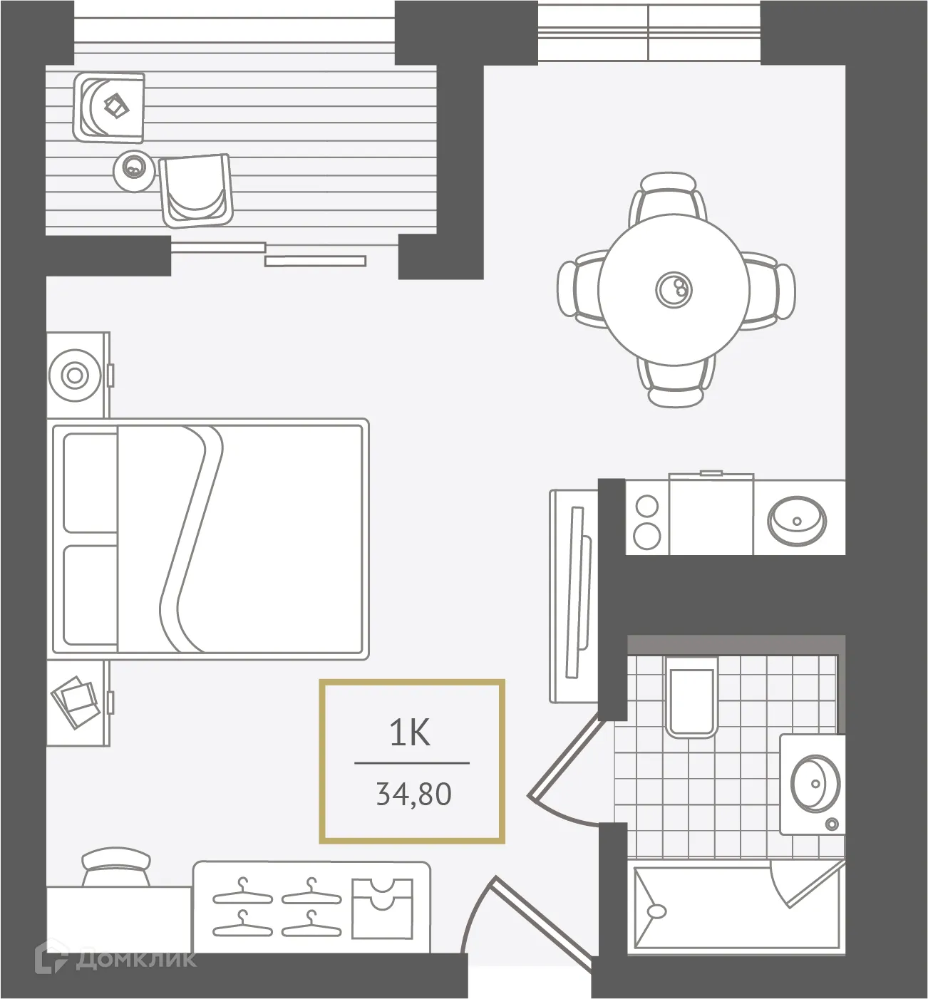 Планировка 1-комнатной квартиры 34.9 м² в ЖК Гостиничный комплекс "Нескучный сад", г. Сочи — фото 1
