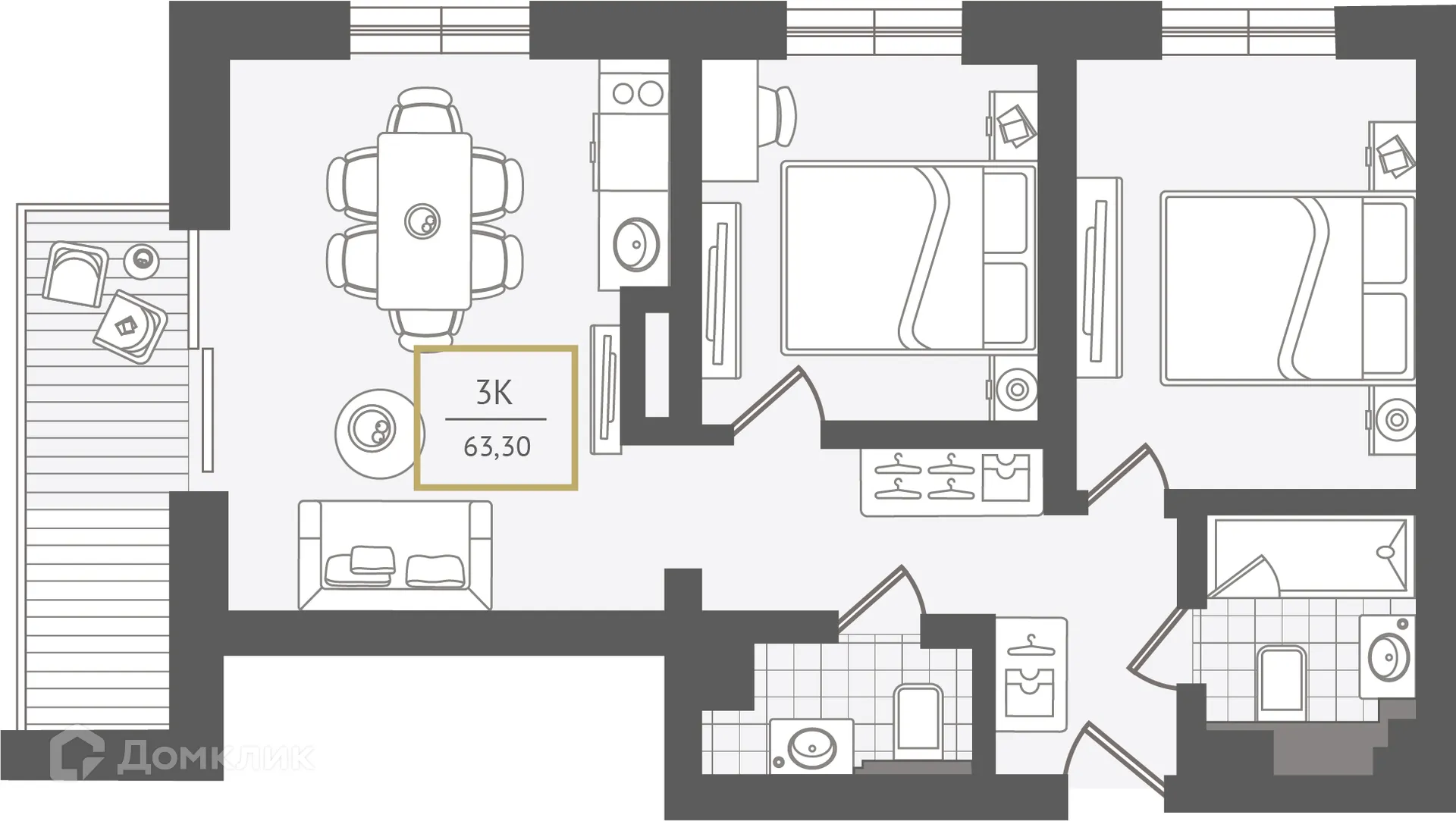 Планировка 3-комнатной квартиры 64.4 м² в ЖК Гостиничный комплекс "Нескучный сад", г. Сочи — фото 1