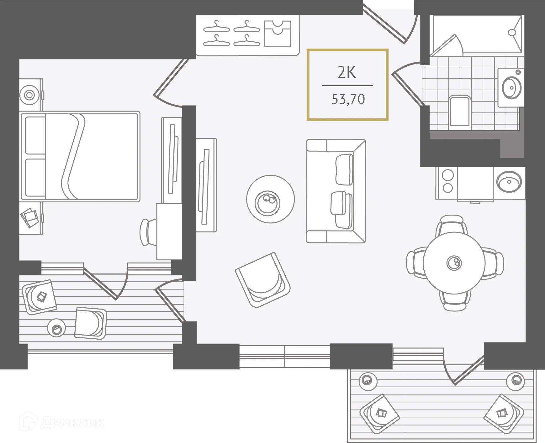 Планировка 2-комнатной квартиры 53.8 м² в ЖК Гостиничный комплекс "Нескучный сад", г. Сочи — фото 1
