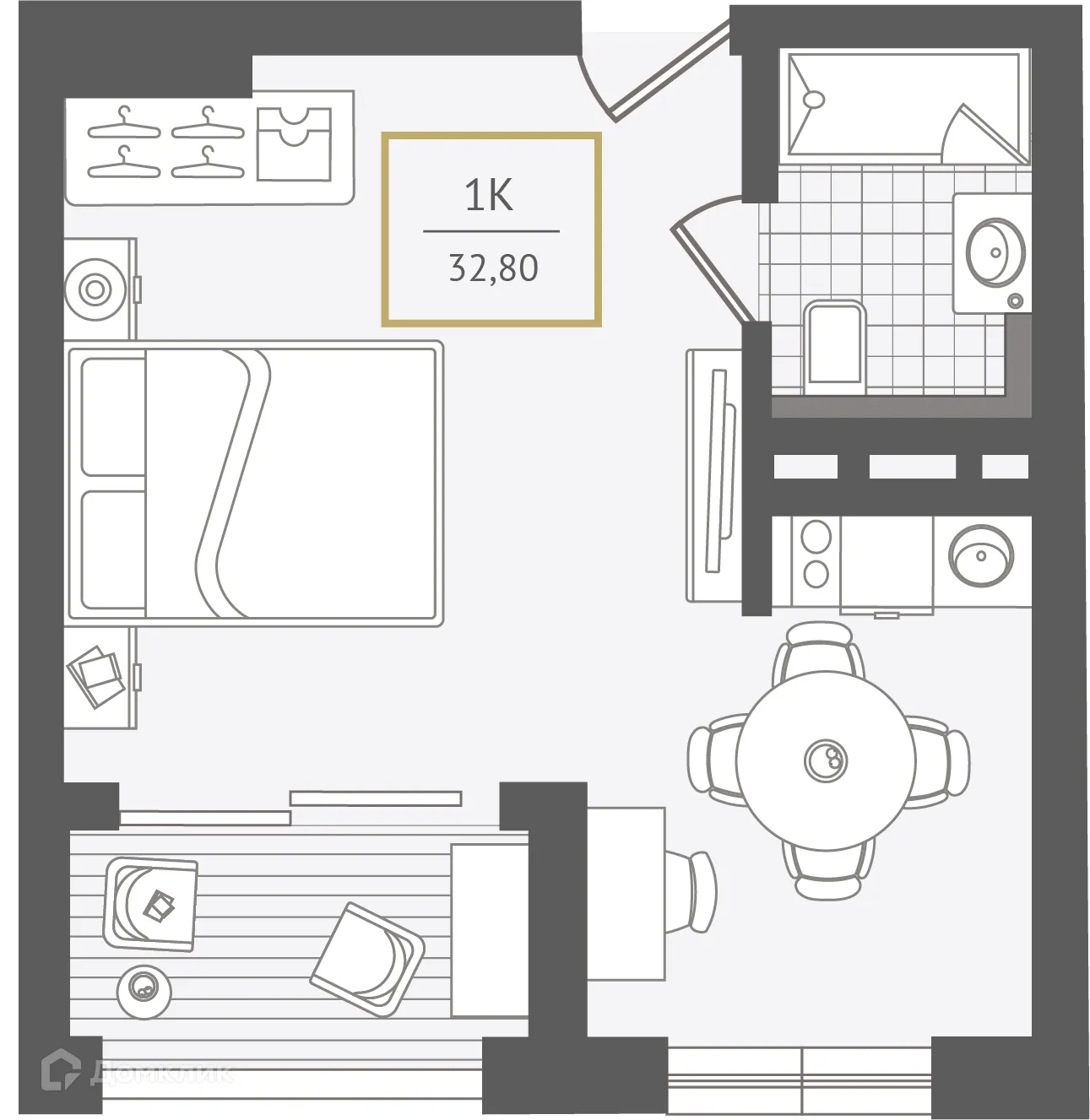 Планировка 1-комнатной квартиры 32.6 м² в ЖК Гостиничный комплекс "Нескучный сад", г. Сочи — фото 1