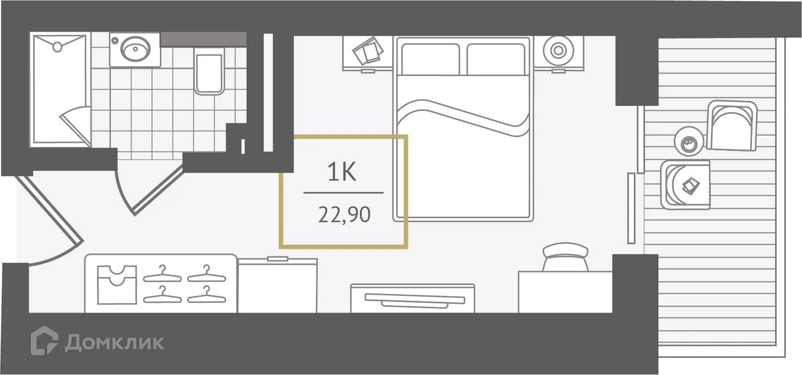 Планировка 1-комнатной квартиры 23.3 м² в ЖК Гостиничный комплекс "Нескучный сад", г. Сочи — фото 1