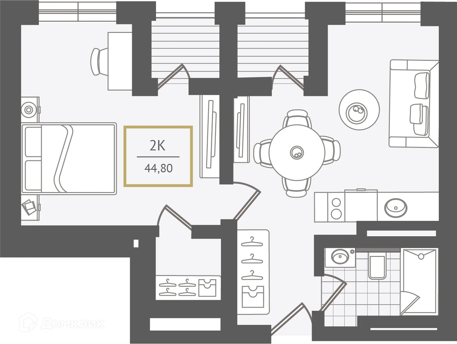 Планировка 2-комнатной квартиры 45.8 м² в ЖК Гостиничный комплекс "Нескучный сад", г. Сочи — фото 1