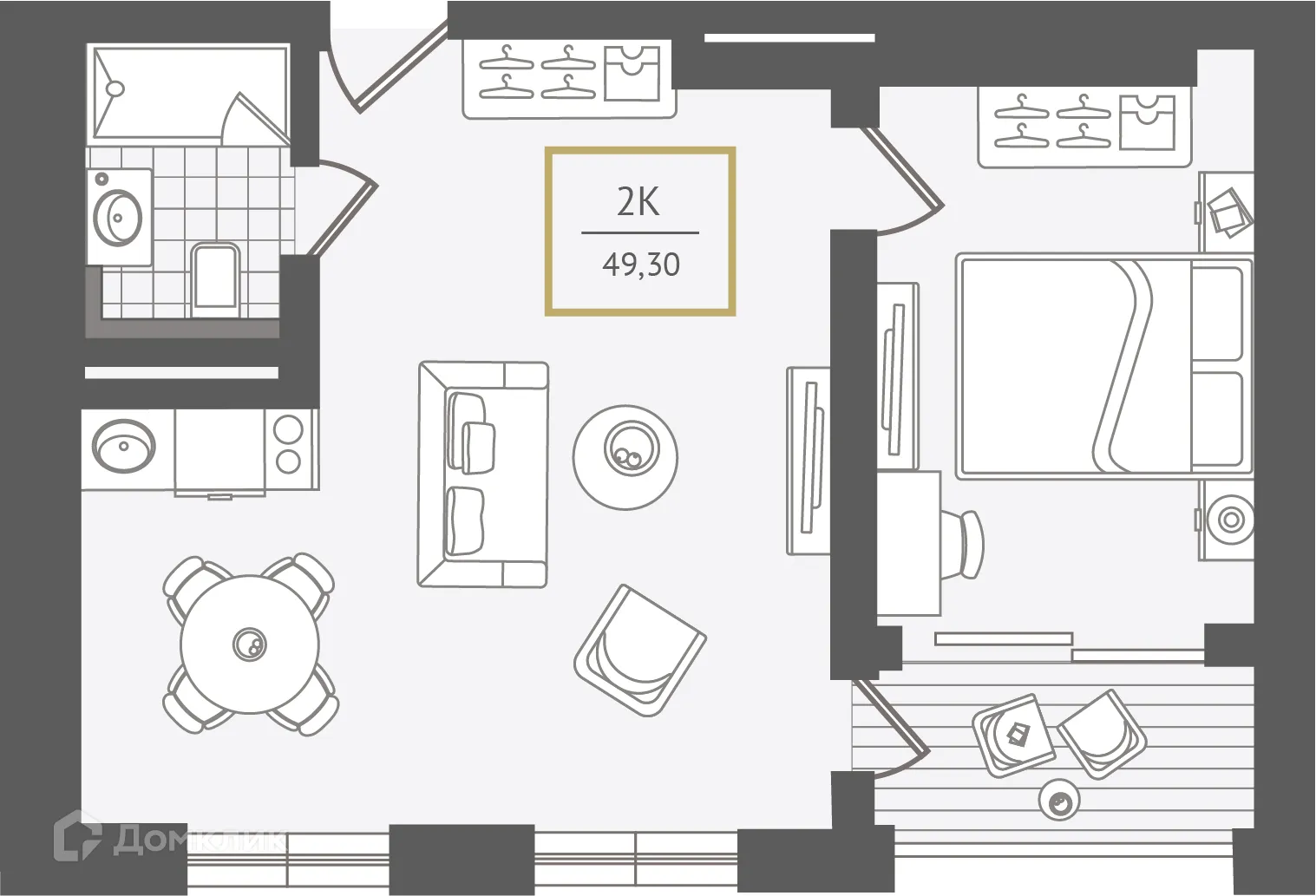 Планировка 2-комнатной квартиры 49.9 м² в ЖК Гостиничный комплекс "Нескучный сад", г. Сочи — фото 1