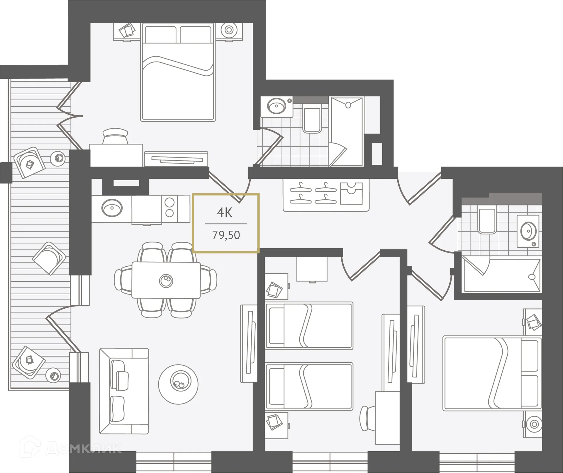 Планировка 4-комнатной квартиры 80.4 м² в ЖК Гостиничный комплекс "Нескучный сад", г. Сочи — фото 1