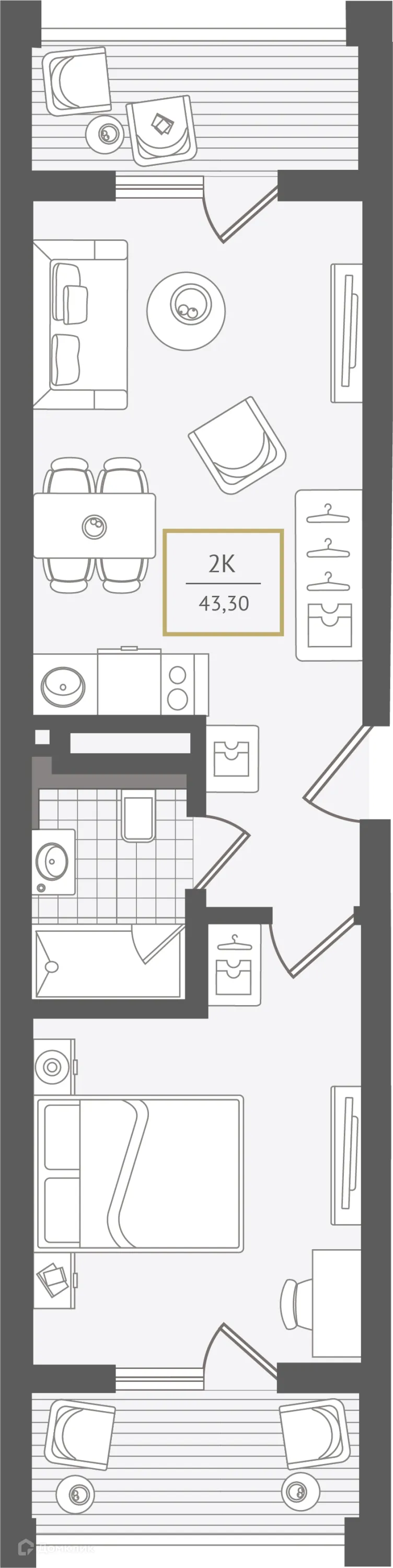 Планировка 2-комнатной квартиры 43.9 м² в ЖК Гостиничный комплекс "Нескучный сад", г. Сочи — фото 1