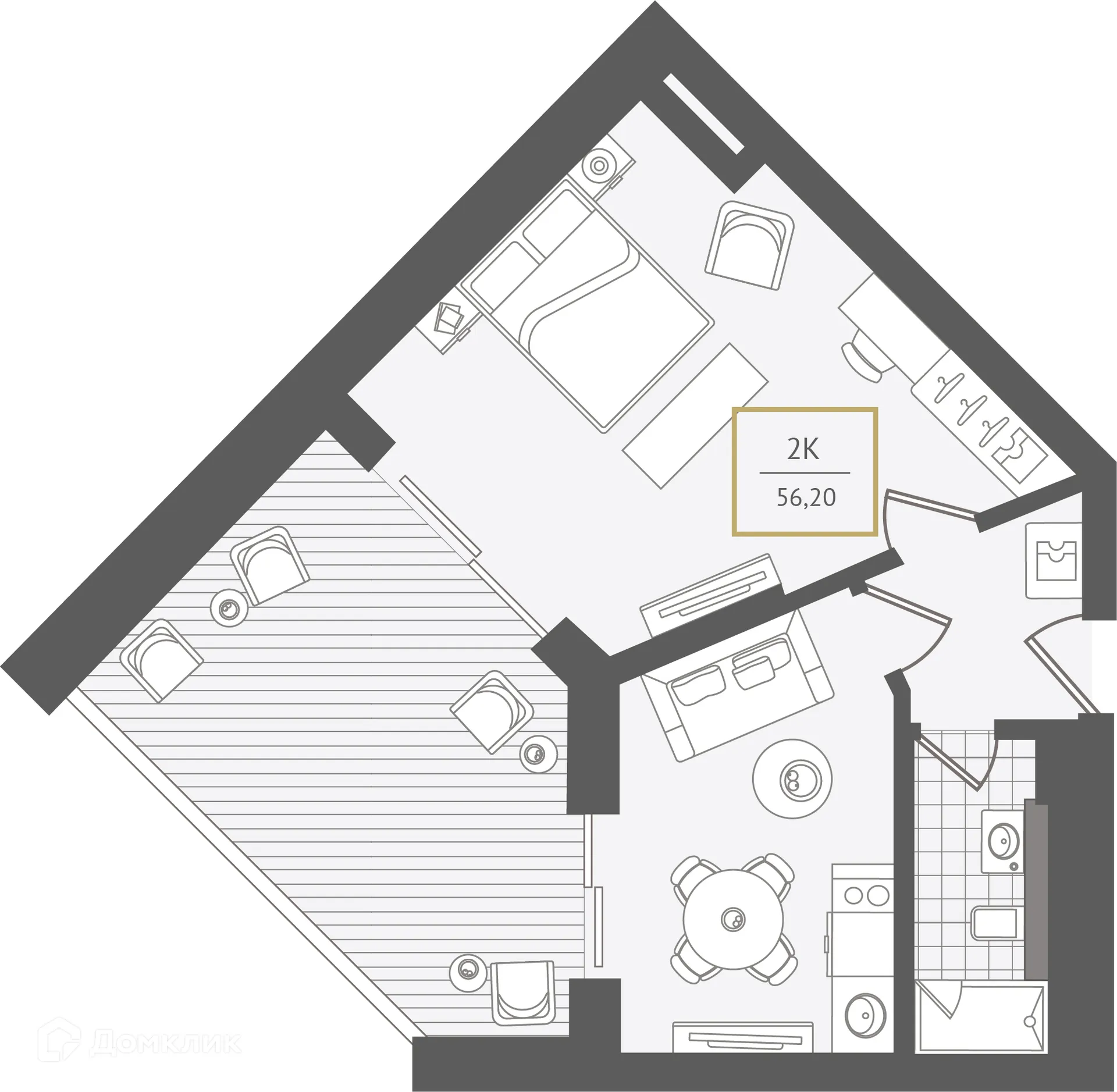 Планировка 2-комнатной квартиры 56.7 м² в ЖК Гостиничный комплекс "Нескучный сад", г. Сочи — фото 1
