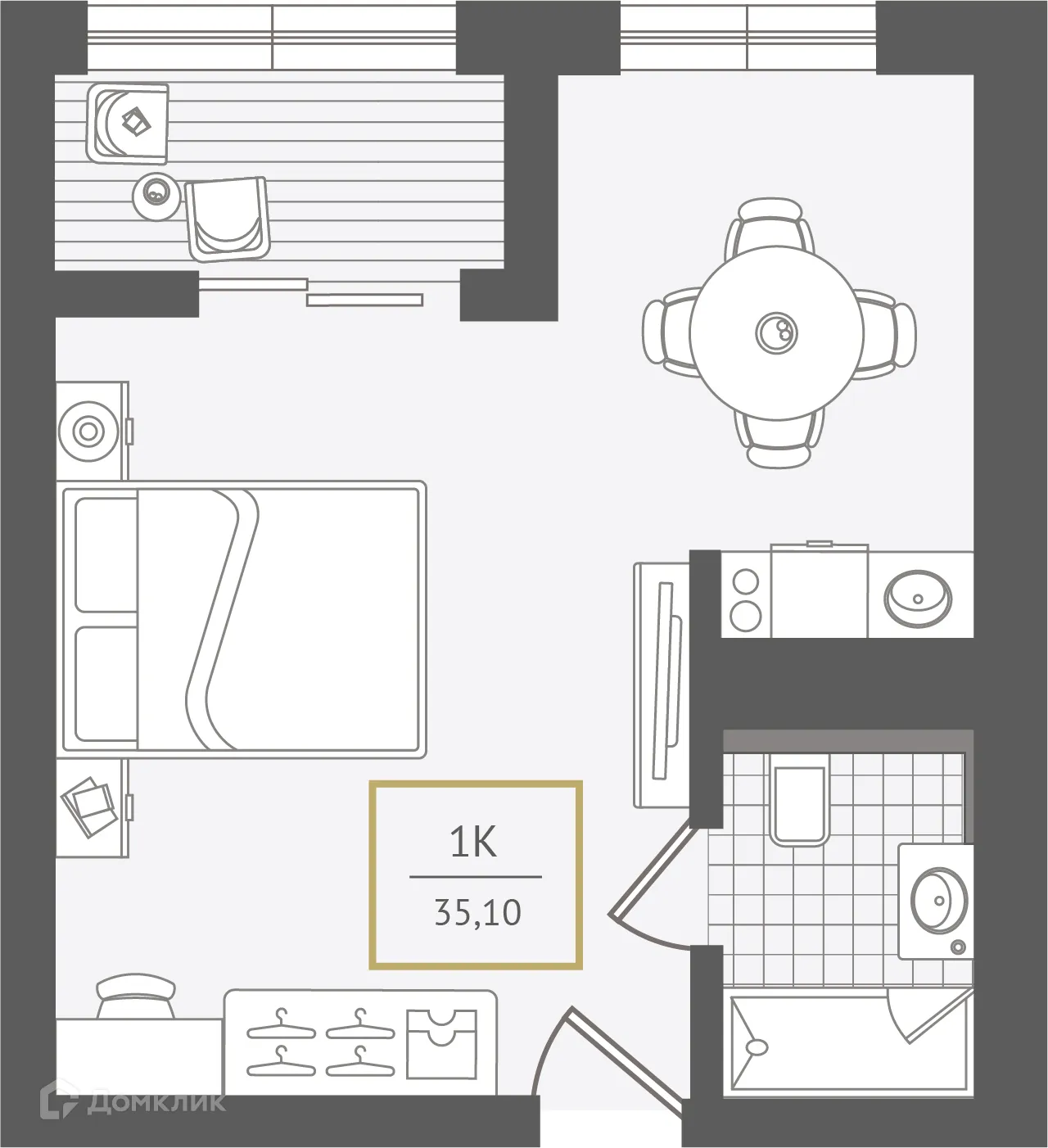 Планировка 1-комнатной квартиры 35.6 м² в ЖК Гостиничный комплекс "Нескучный сад", г. Сочи — фото 1