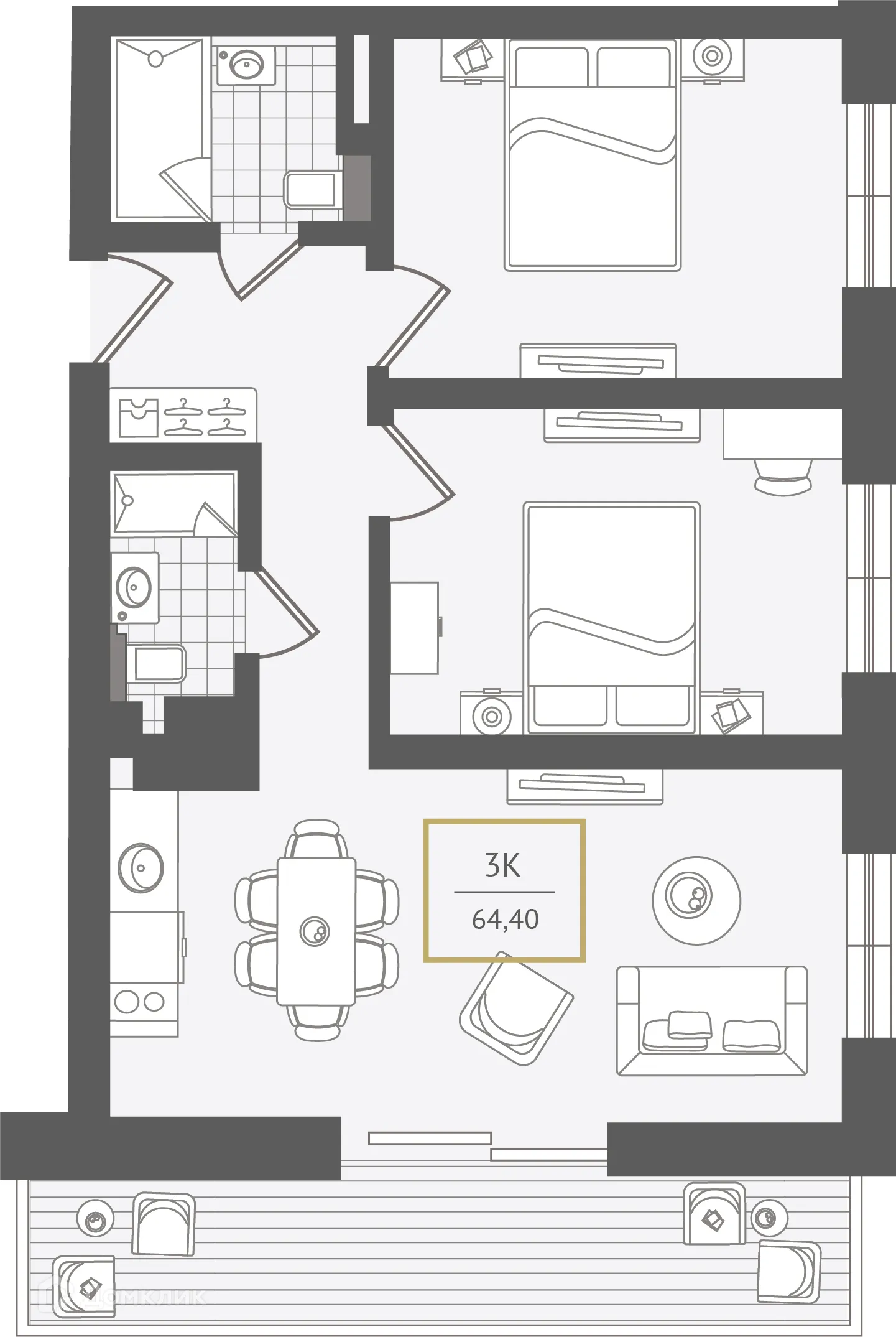 Планировка 3-комнатной квартиры 66.9 м² в ЖК Гостиничный комплекс "Нескучный сад", г. Сочи — фото 1
