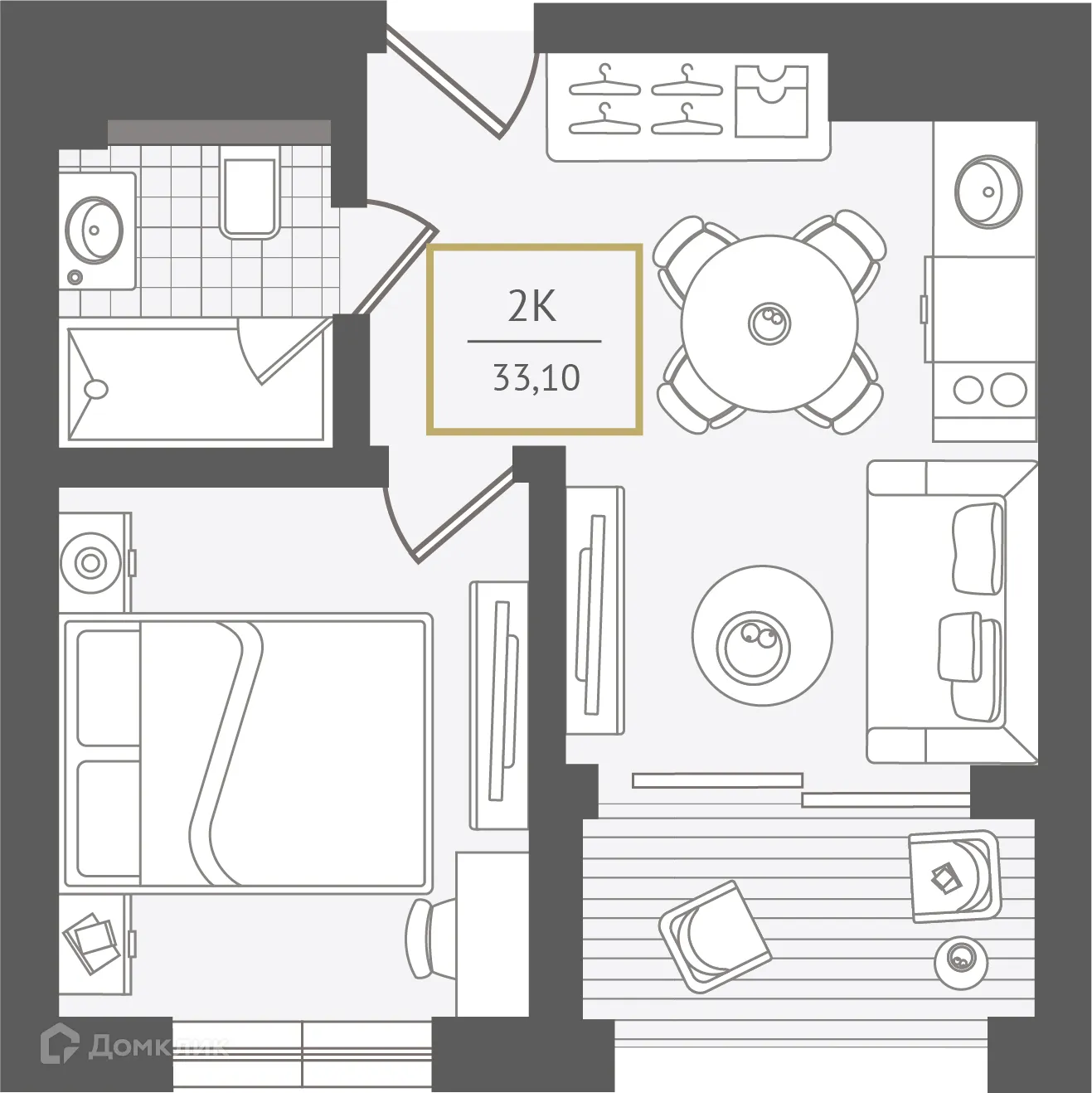 Планировка 2-комнатной квартиры 33.4 м² в ЖК Гостиничный комплекс "Нескучный сад", г. Сочи — фото 1