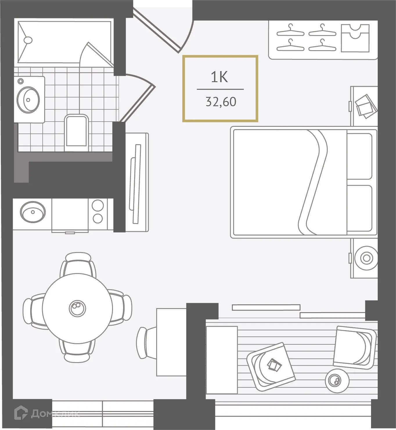 Планировка 1-комнатной квартиры 32.5 м² в ЖК Гостиничный комплекс "Нескучный сад", г. Сочи — фото 1