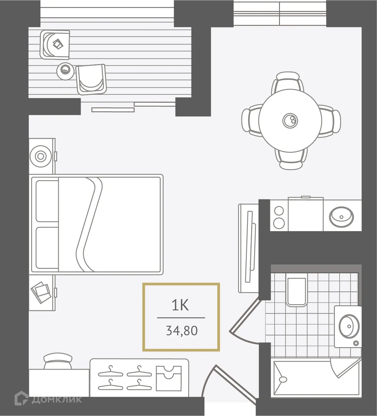Планировка 1-комнатной квартиры 35.1 м² в ЖК Гостиничный комплекс "Нескучный сад", г. Сочи — фото 1