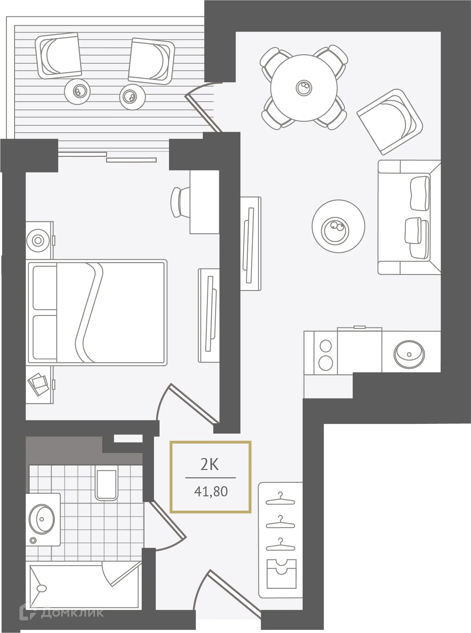 Планировка 2-комнатной квартиры 42.2 м² в ЖК Гостиничный комплекс "Нескучный сад", г. Сочи — фото 1