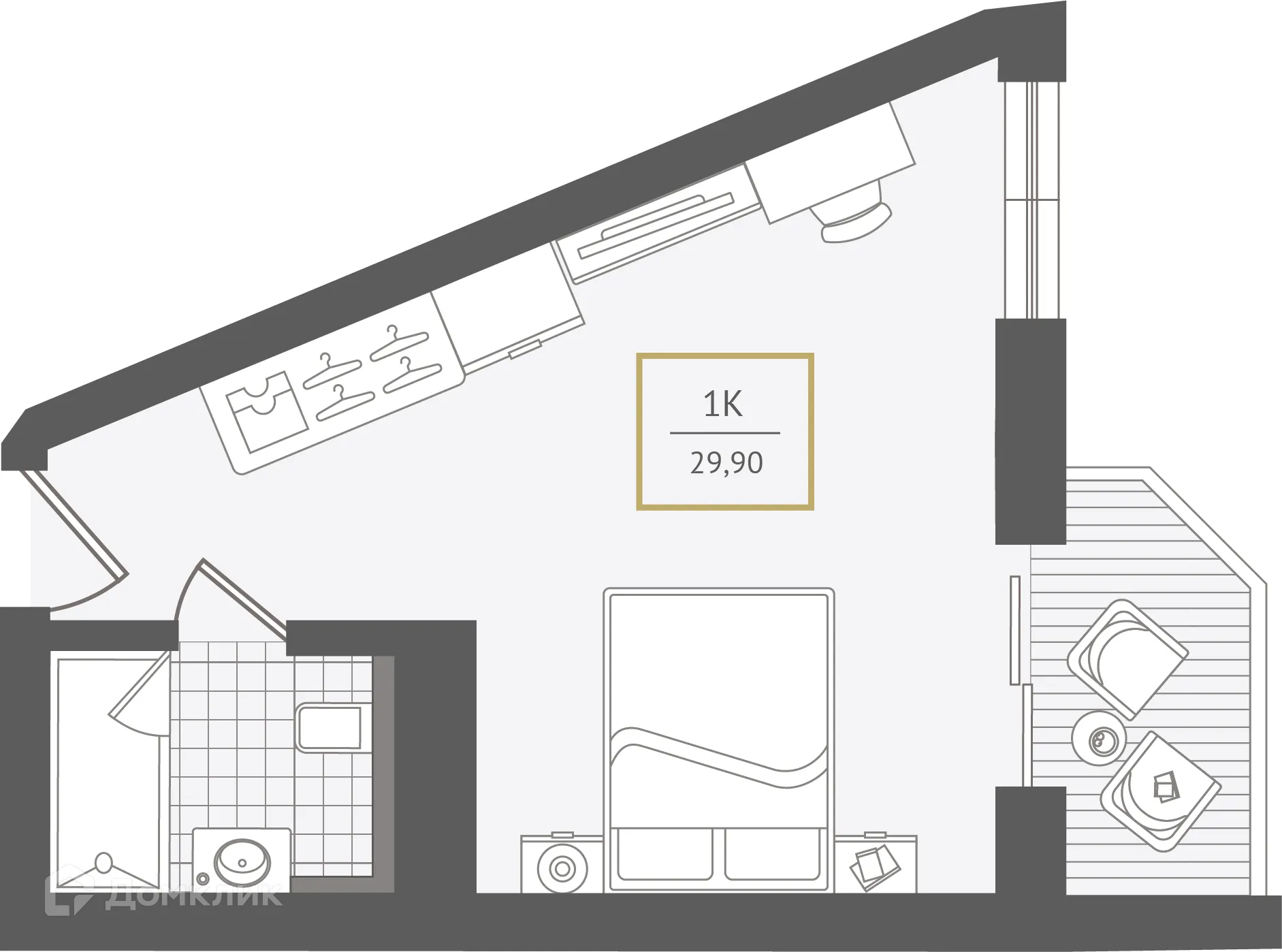 Планировка 1-комнатной квартиры 30.2 м² в ЖК Гостиничный комплекс "Нескучный сад", г. Сочи — фото 1