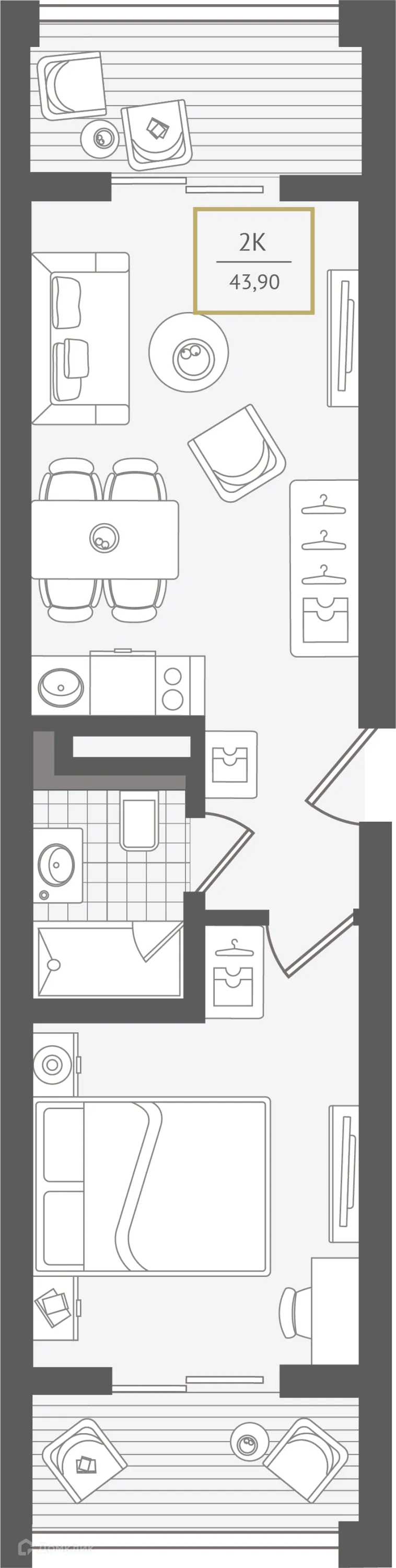 Планировка 2-комнатной квартиры 44.3 м² в ЖК Гостиничный комплекс "Нескучный сад", г. Сочи — фото 1