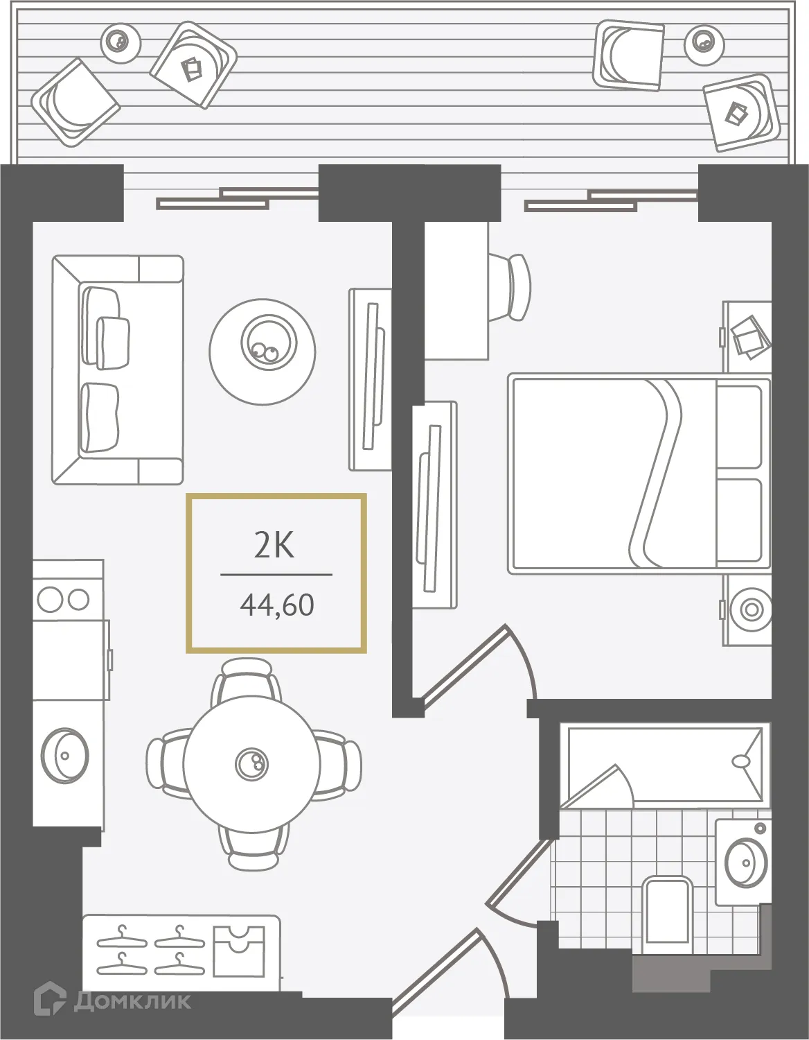 Планировка 2-комнатной квартиры 44.7 м² в ЖК Гостиничный комплекс "Нескучный сад", г. Сочи — фото 1