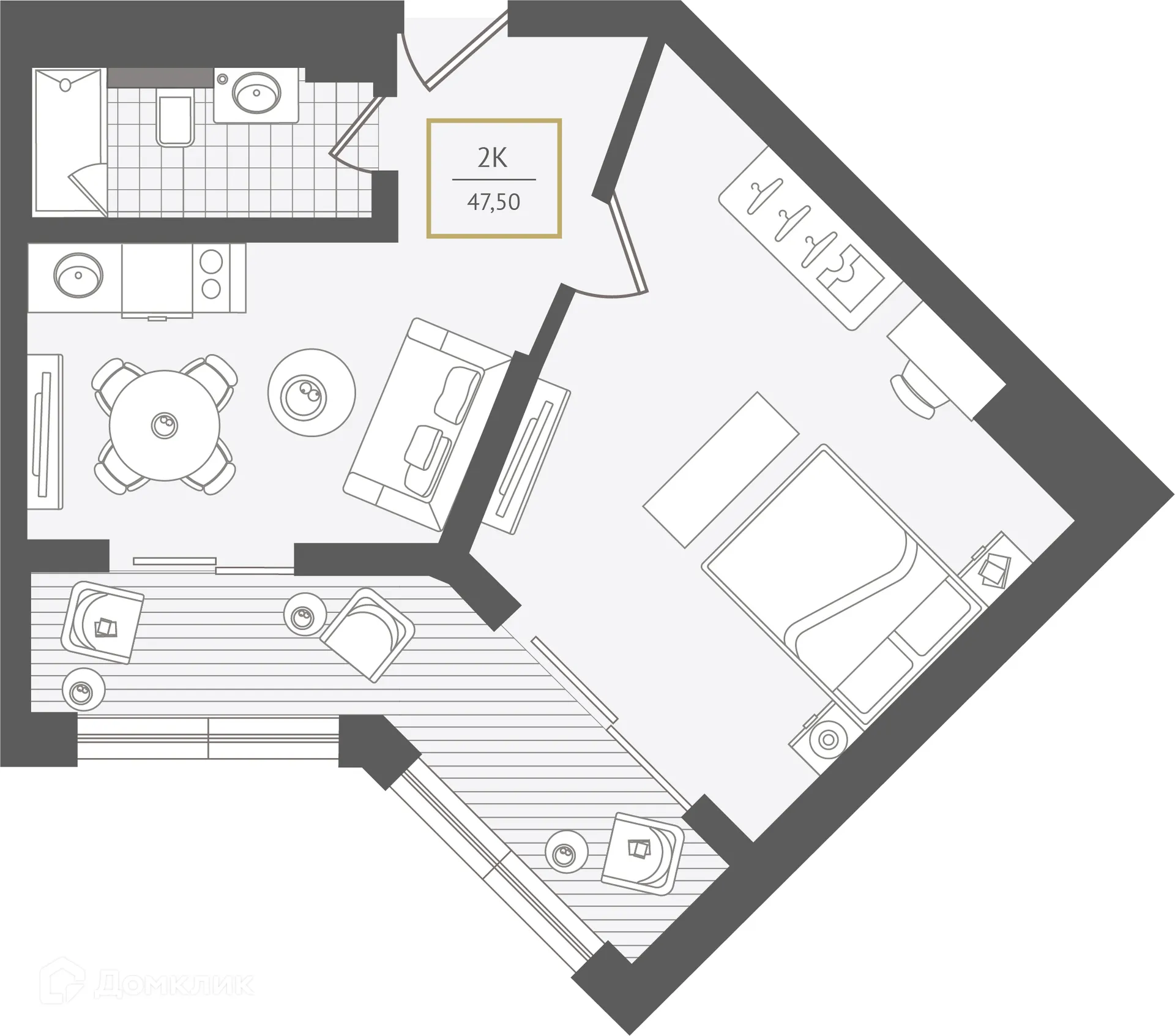 Планировка 2-комнатной квартиры 48.3 м² в ЖК Гостиничный комплекс "Нескучный сад", г. Сочи — фото 1