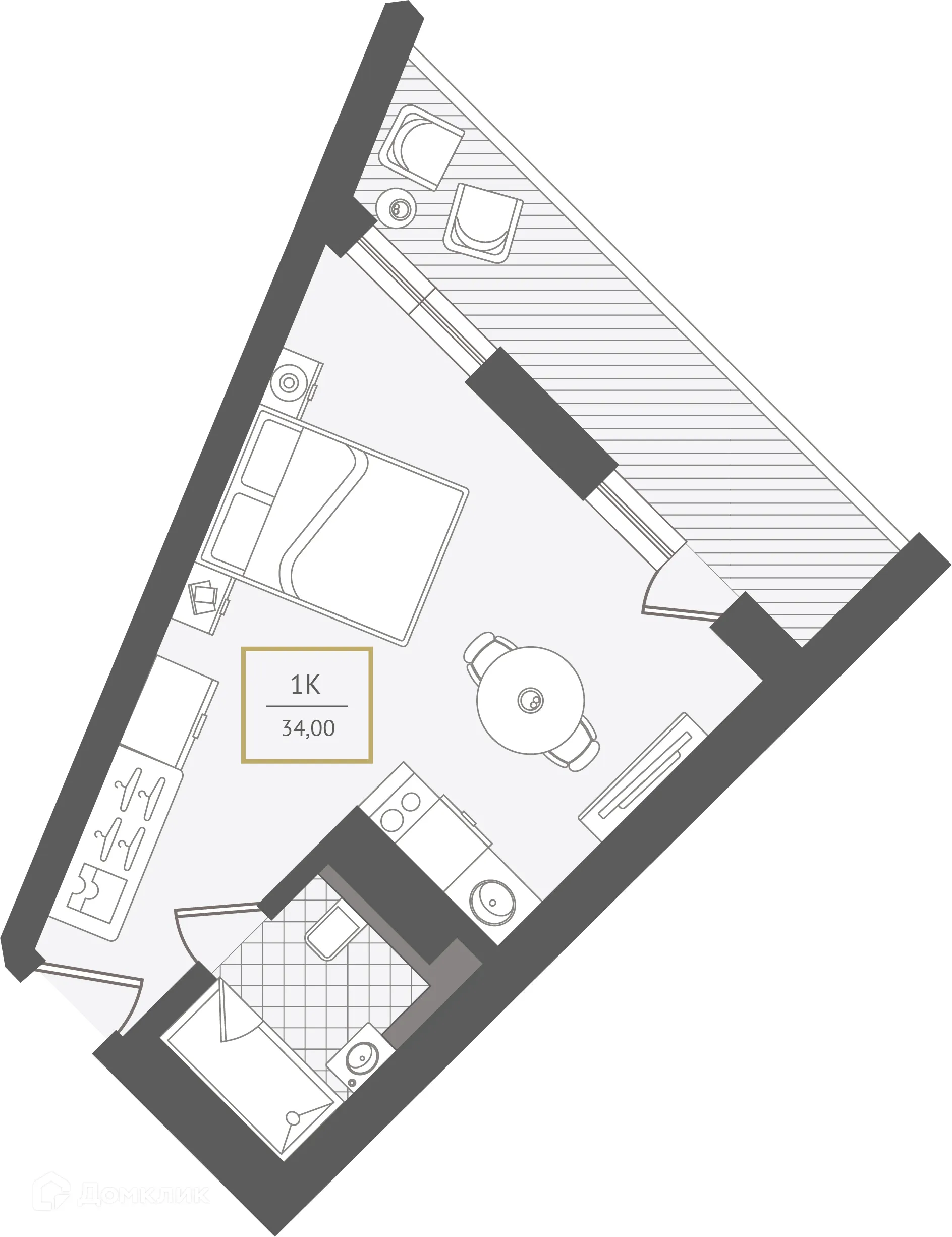 Планировка 1-комнатной квартиры 34.3 м² в ЖК Гостиничный комплекс "Нескучный сад", г. Сочи — фото 1