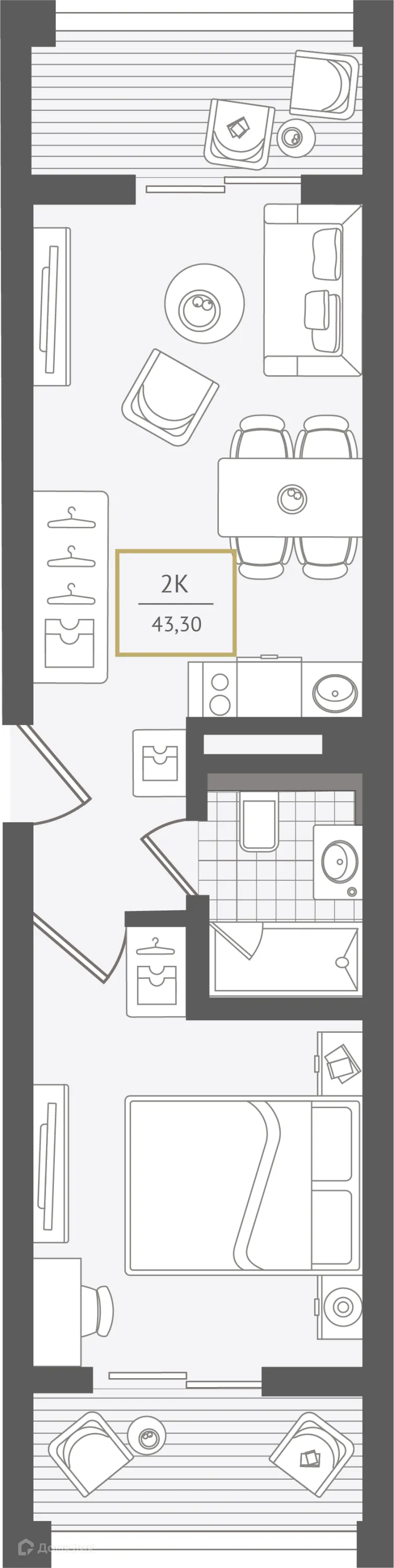 Планировка 2-комнатной квартиры 44.2 м² в ЖК Гостиничный комплекс "Нескучный сад", г. Сочи — фото 1