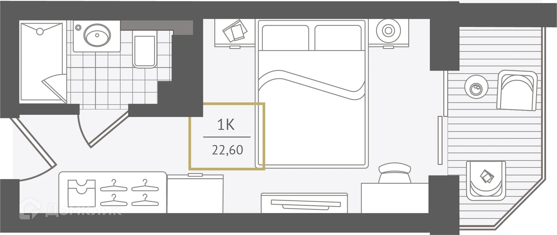 Планировка 1-комнатной квартиры 22.8 м² в ЖК Гостиничный комплекс "Нескучный сад", г. Сочи — фото 1