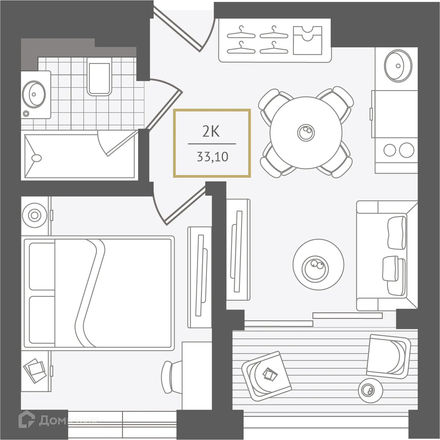 Планировка 2-комнатной квартиры 33.2 м² в ЖК Гостиничный комплекс "Нескучный сад", г. Сочи — фото 1