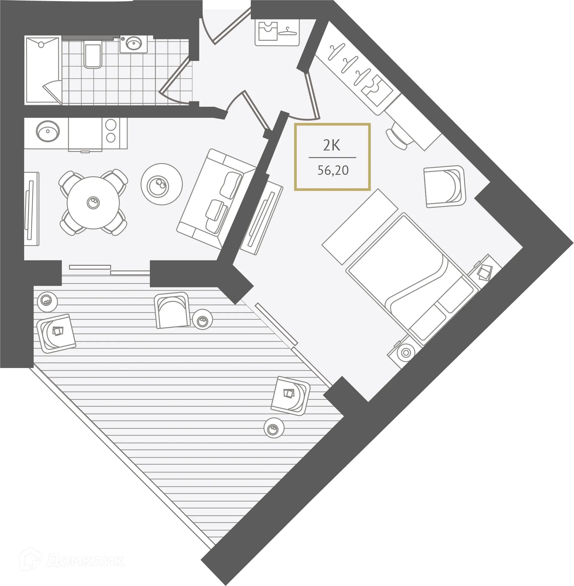Планировка 2-комнатной квартиры 57.3 м² в ЖК Гостиничный комплекс "Нескучный сад", г. Сочи — фото 1