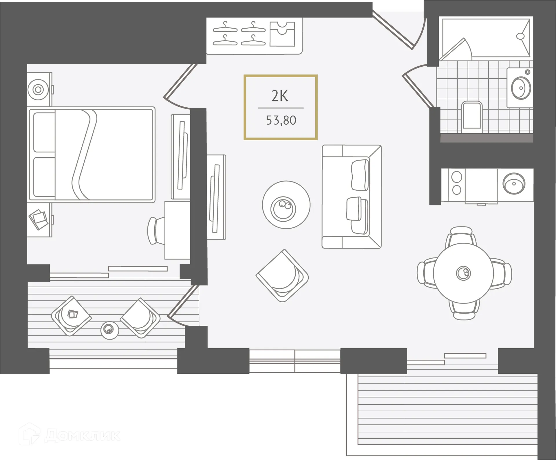 Планировка 2-комнатной квартиры 53.7 м² в ЖК Гостиничный комплекс "Нескучный сад", г. Сочи — фото 1