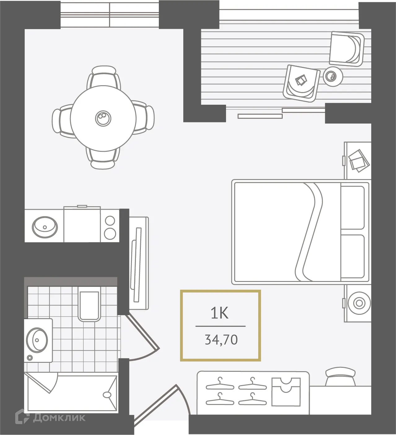 Планировка 1-комнатной квартиры 34.5 м² в ЖК Гостиничный комплекс "Нескучный сад", г. Сочи — фото 1
