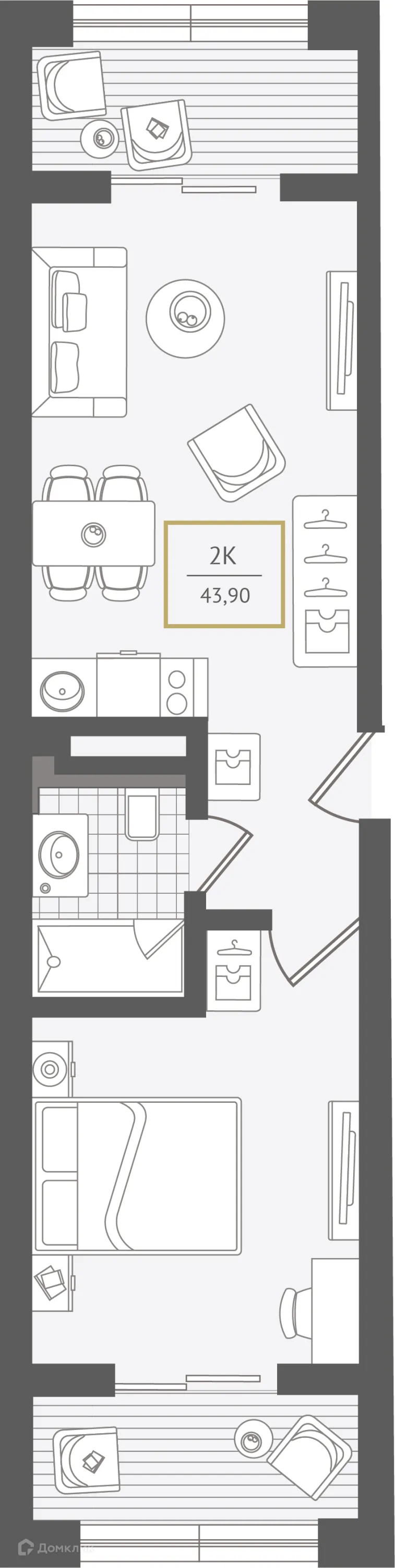Планировка 2-комнатной квартиры 44.9 м² в ЖК Гостиничный комплекс "Нескучный сад", г. Сочи — фото 1