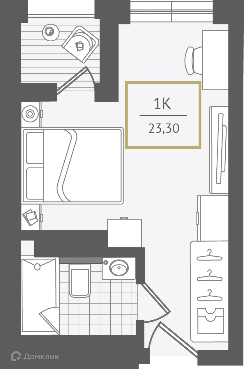 Планировка 1-комнатной квартиры 23.4 м² в ЖК Гостиничный комплекс "Нескучный сад", г. Сочи — фото 1