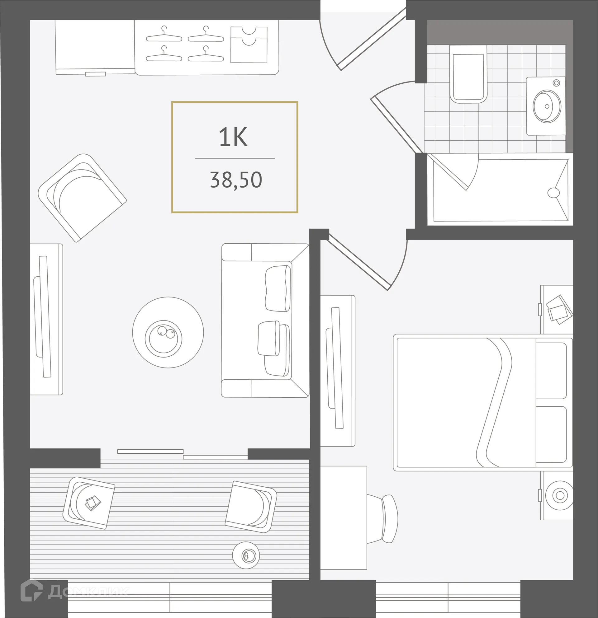 Планировка 1-комнатной квартиры 38.5 м² в ЖК Гостиничный комплекс "Нескучный сад", г. Сочи — фото 1