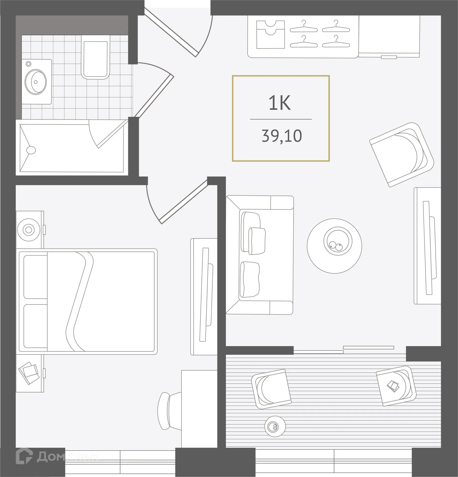 Планировка 1-комнатной квартиры 39.1 м² в ЖК Гостиничный комплекс "Нескучный сад", г. Сочи — фото 1