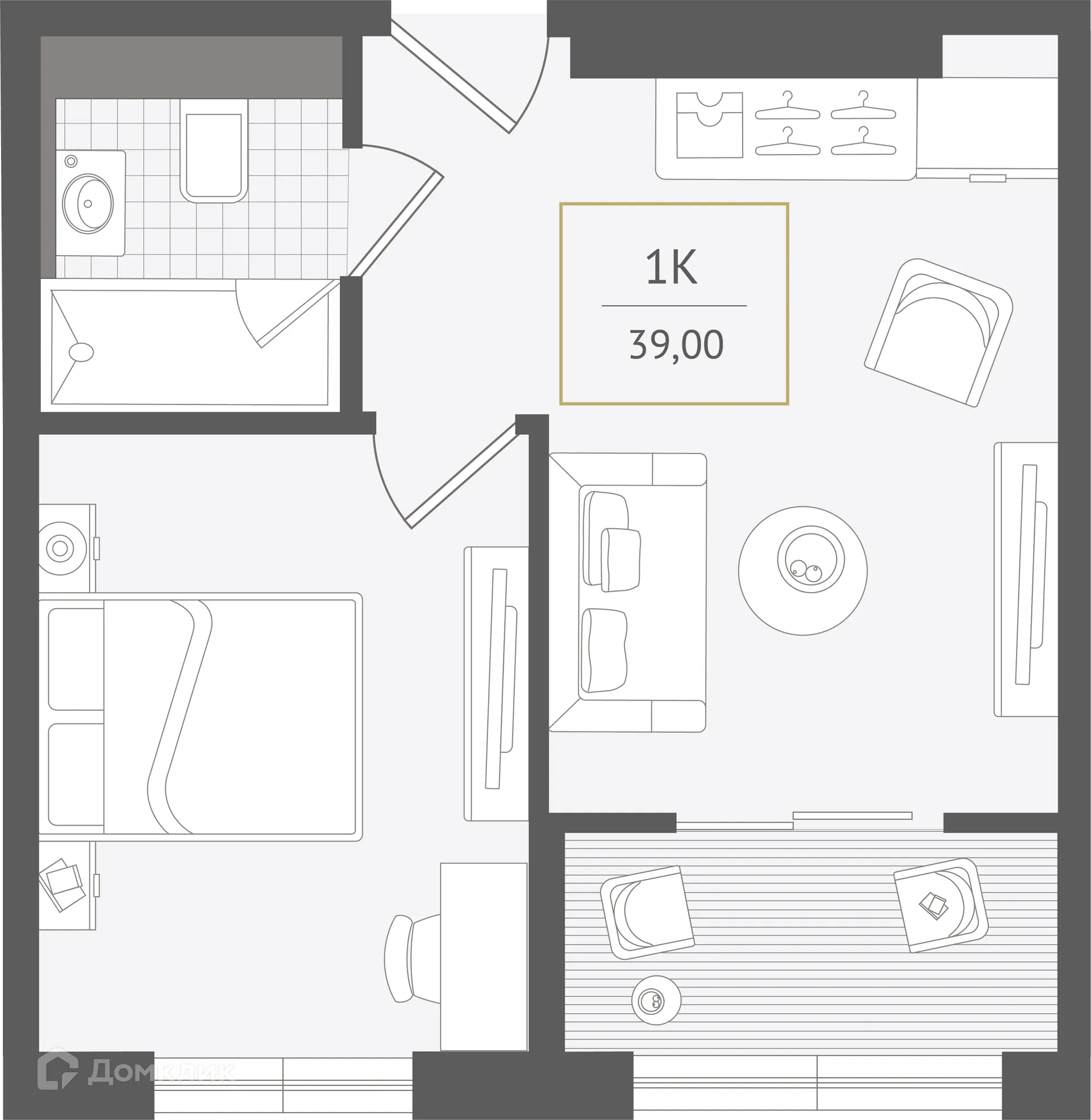 Планировка 1-комнатной квартиры 39 м² в ЖК Гостиничный комплекс "Нескучный сад", г. Сочи — фото 1