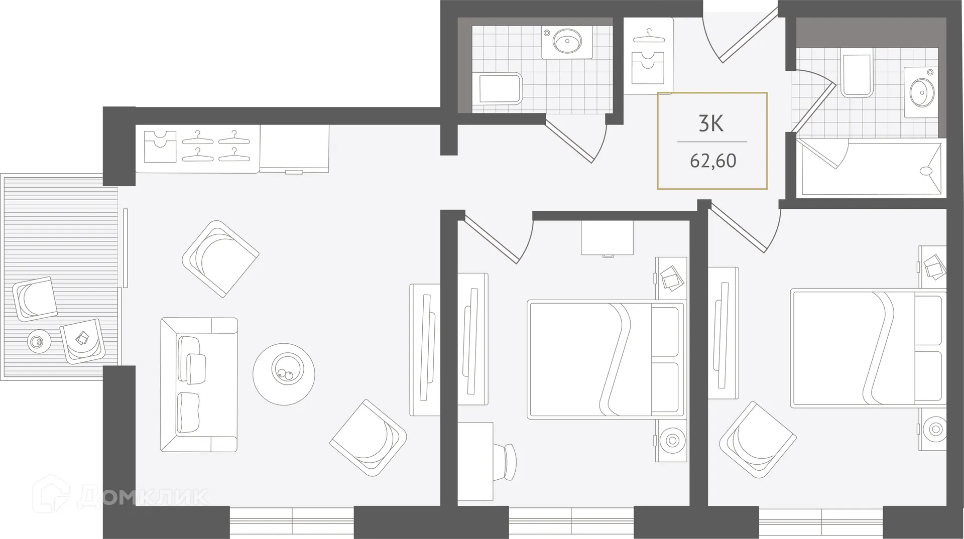 Планировка 3-комнатной квартиры 62.6 м² в ЖК Гостиничный комплекс "Нескучный сад", г. Сочи — фото 1