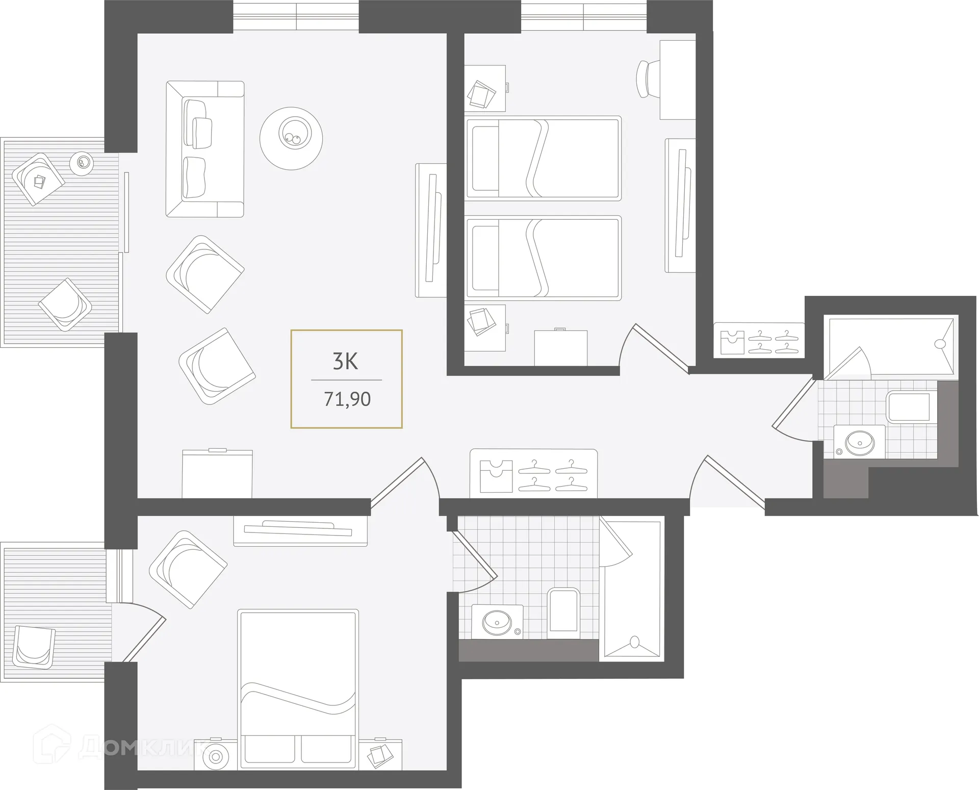 Планировка 3-комнатной квартиры 71.9 м² в ЖК Гостиничный комплекс "Нескучный сад", г. Сочи — фото 1
