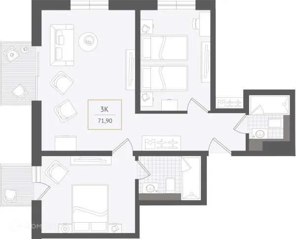 Планировка 3 комн. в ЖК Гостиничный комплекс "Нескучный сад"