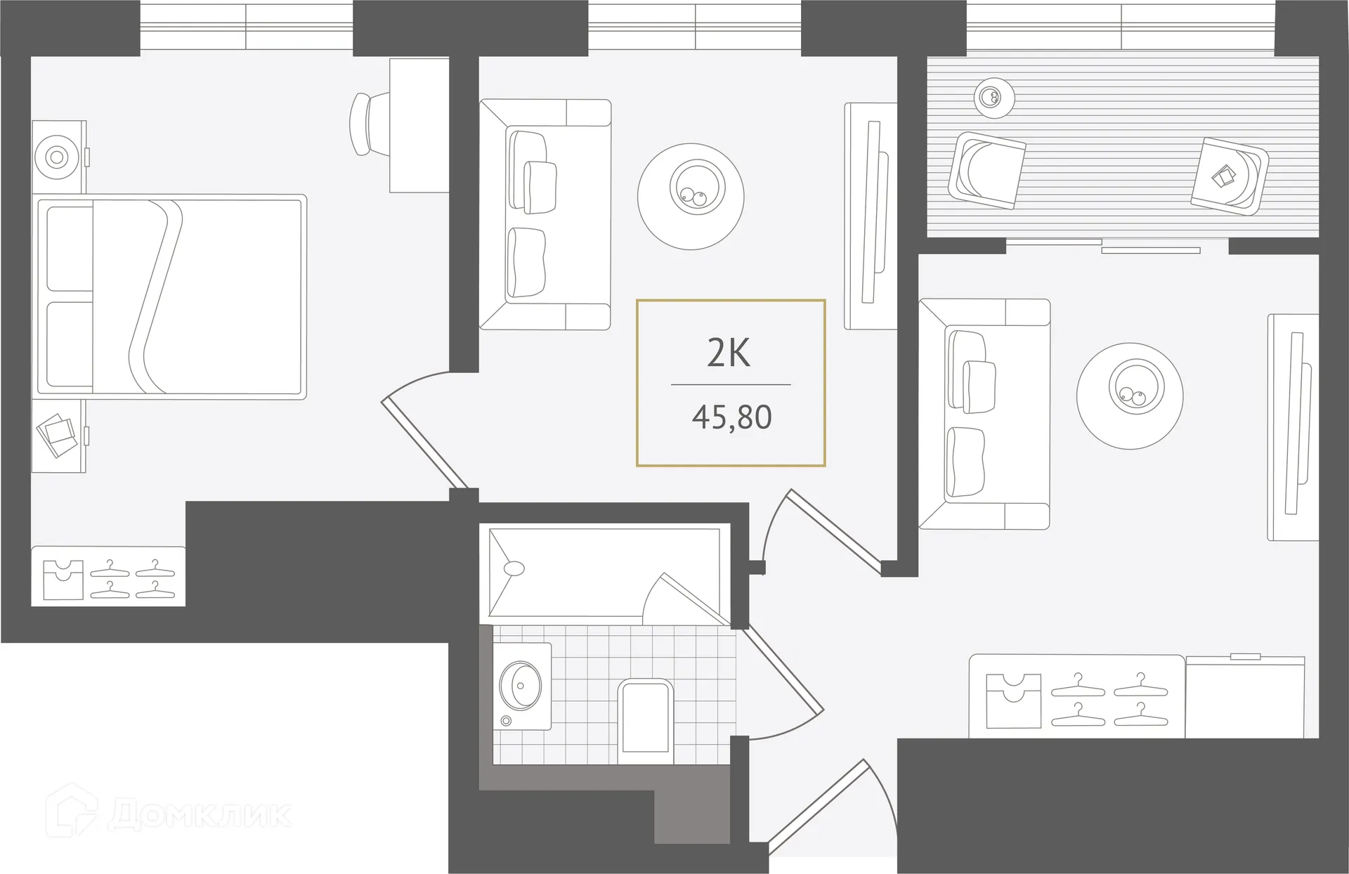 Планировка 2-комнатной квартиры 45.8 м² в ЖК Гостиничный комплекс "Нескучный сад", г. Сочи — фото 1