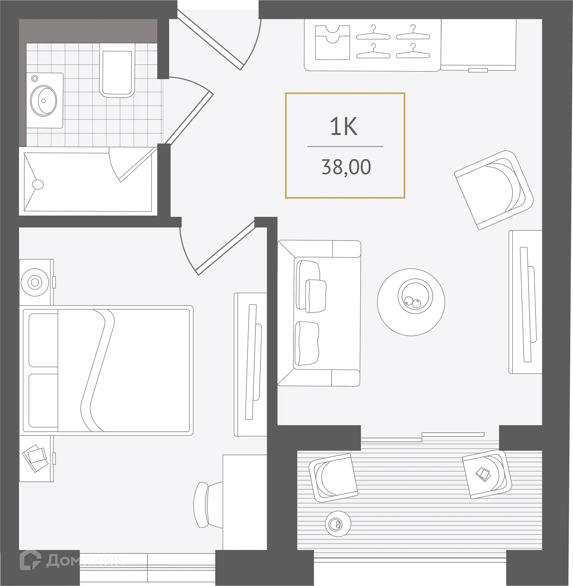 Планировка 1-комнатной квартиры 38 м² в ЖК Гостиничный комплекс "Нескучный сад", г. Сочи — фото 1