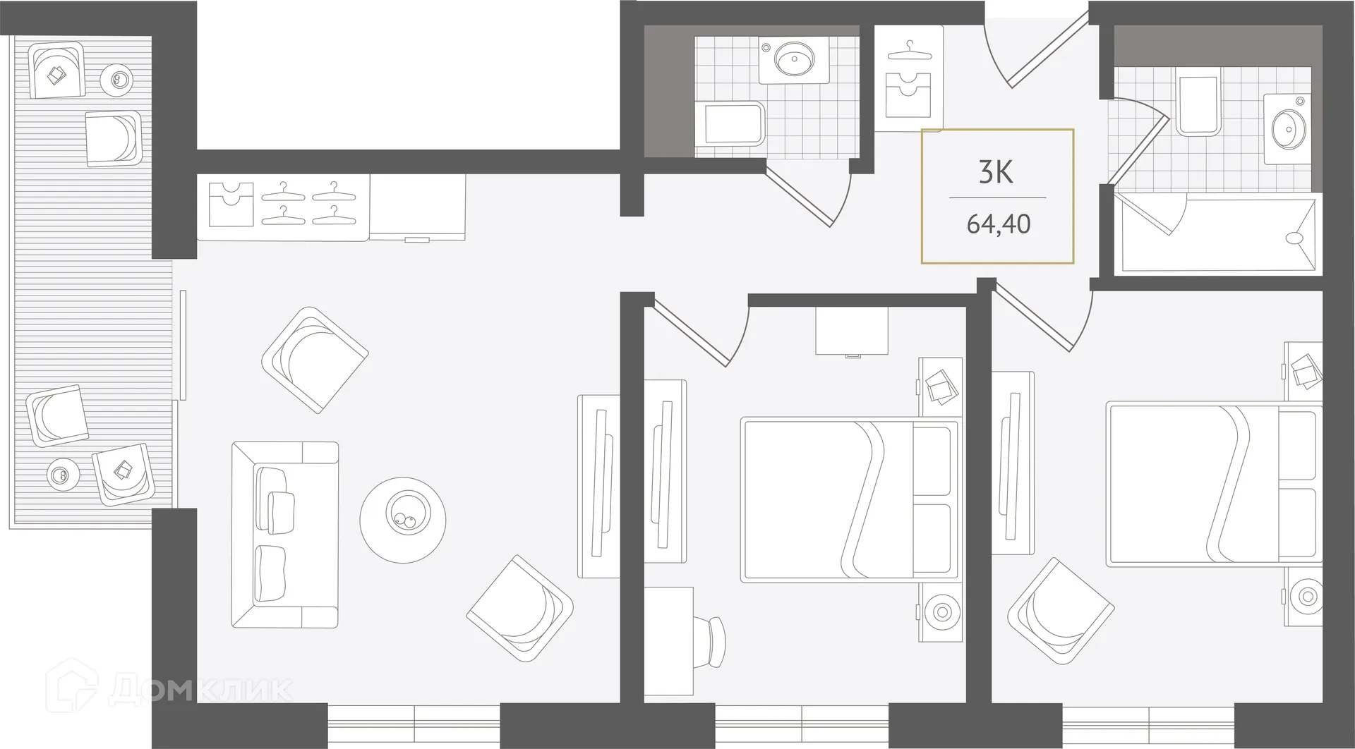 Планировка 3-комнатной квартиры 64.4 м² в ЖК Гостиничный комплекс "Нескучный сад", г. Сочи — фото 1