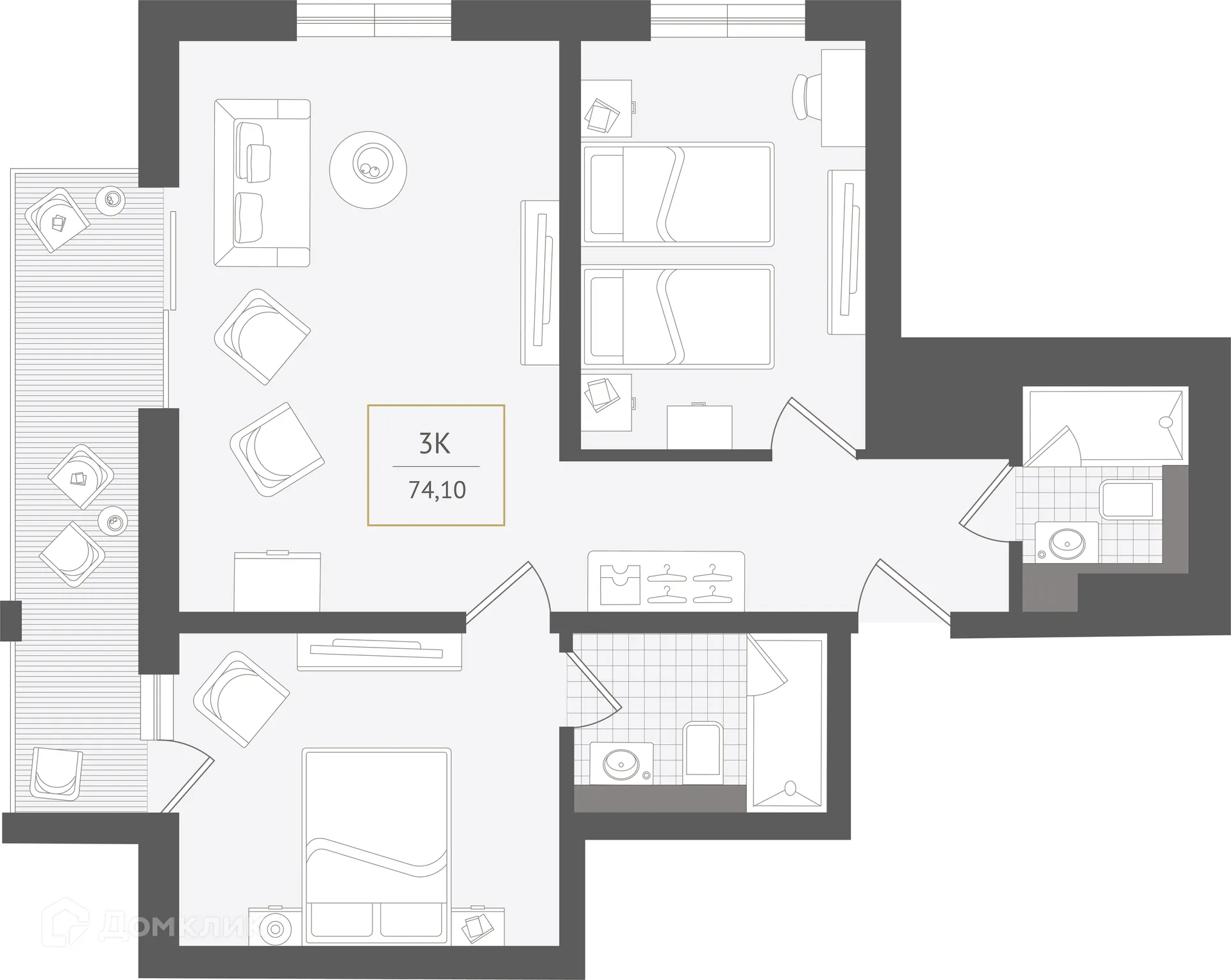 Планировка 3-комнатной квартиры 74.1 м² в ЖК Гостиничный комплекс "Нескучный сад", г. Сочи — фото 1