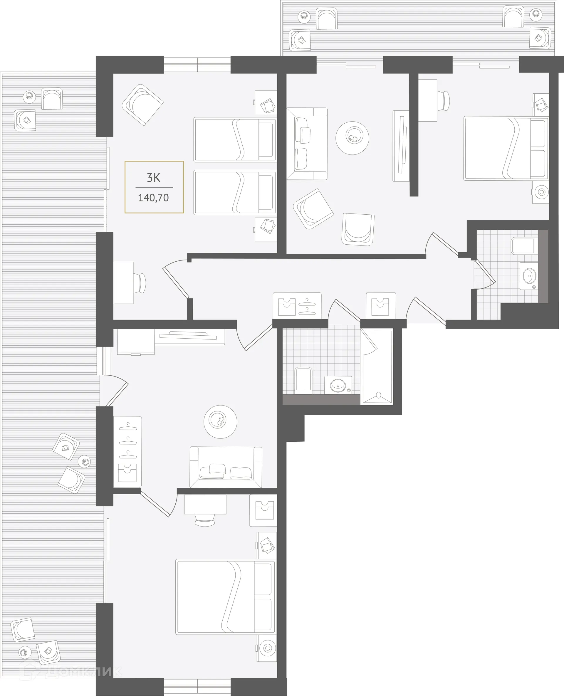 Планировка 3-комнатной квартиры 140.7 м² в ЖК Гостиничный комплекс "Нескучный сад", г. Сочи — фото 1