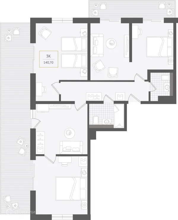Планировка 3 комн. в ЖК Гостиничный комплекс "Нескучный сад"